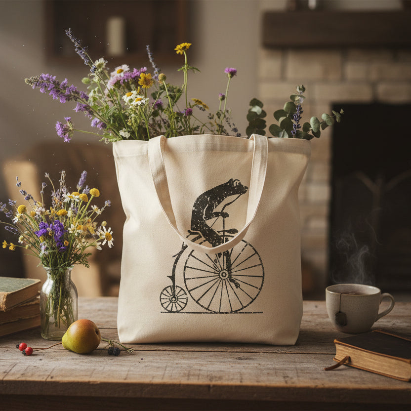 Vintage Distressed Frog on a penny-farthing bicycle Cotton Canvas Tote Bag | Black or Natural Printify