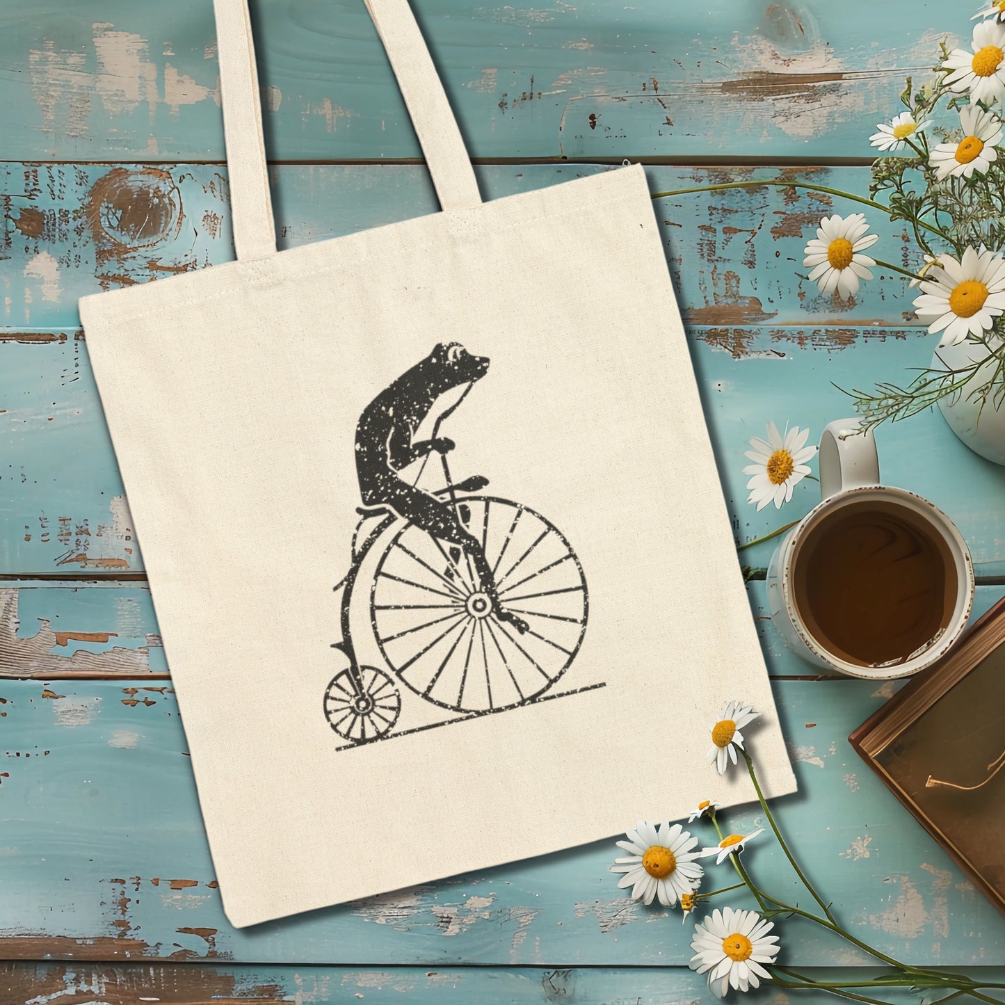 Vintage Distressed Frog on a penny-farthing bicycle Cotton Canvas Tote Bag | Black or Natural Printify