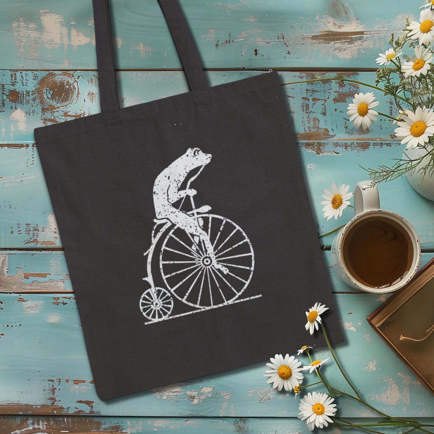 Vintage Distressed Frog on a penny-farthing bicycle Cotton Canvas Tote Bag | Black or Natural Printify