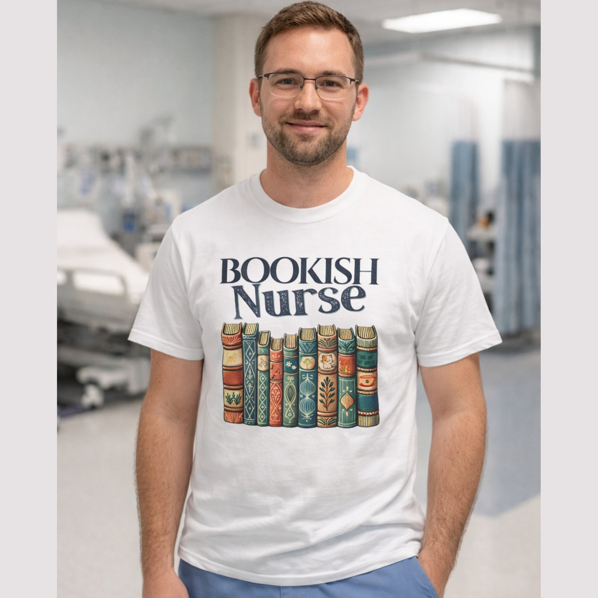 a male nurse in a hospital scene wearing a white comfort colors t-shirt with a graphic of a stack of books and the words Bookish Nurse across the front