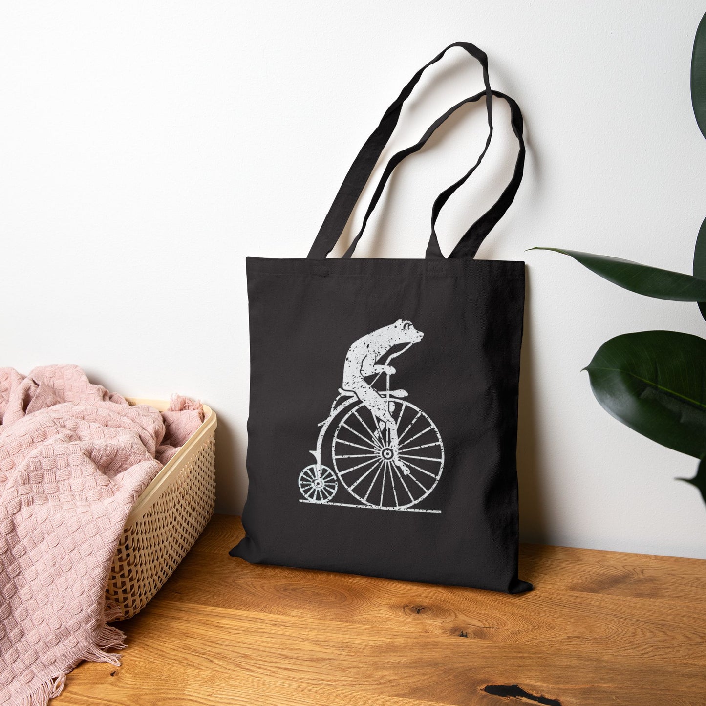 Vintage Distressed Frog on a penny-farthing bicycle Cotton Canvas Tote Bag | Black or Natural Printify