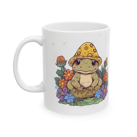 Taza Cottagecore con ranas y hongos venenosos | Diseño 2 | Disponible en 11 oz y 15 oz. Poema breve en la parte posterior