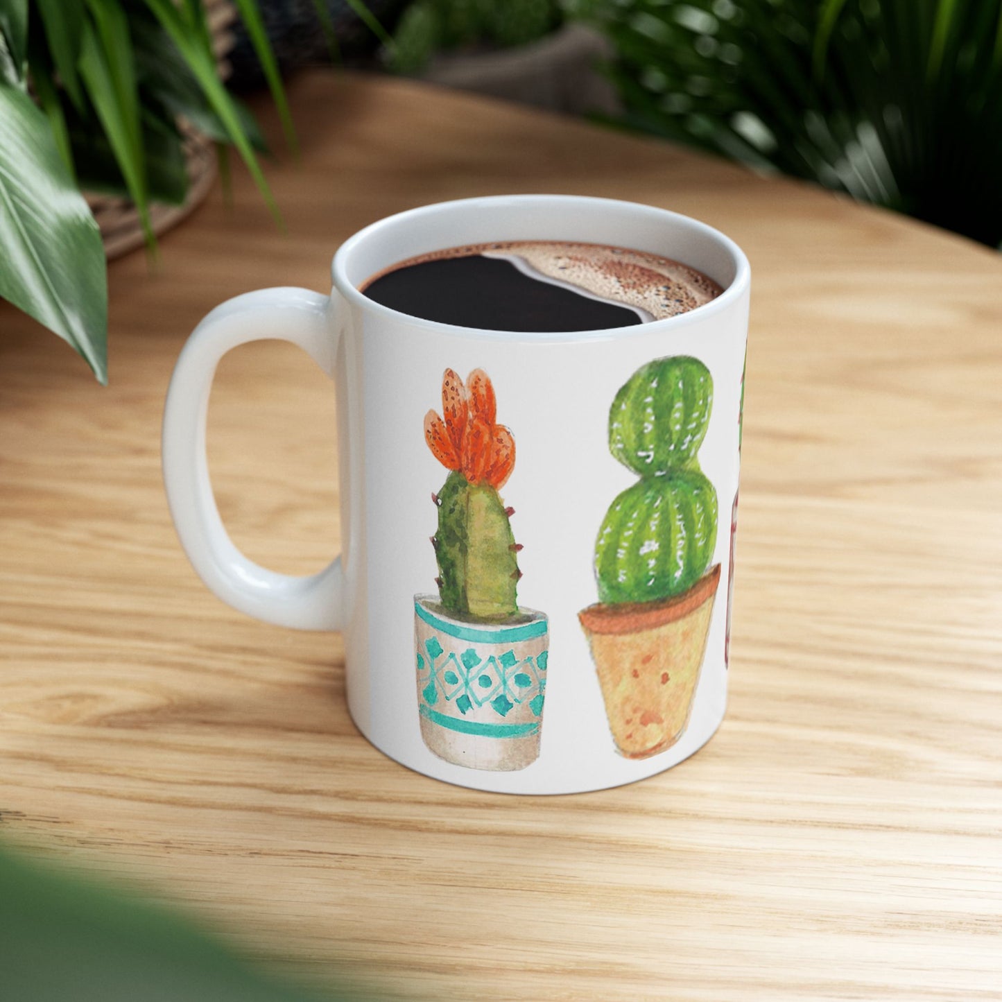 Taza de cerámica con acuarela de cactus y suculentas en macetas, idea de regalo para jardineros amantes de los cactus