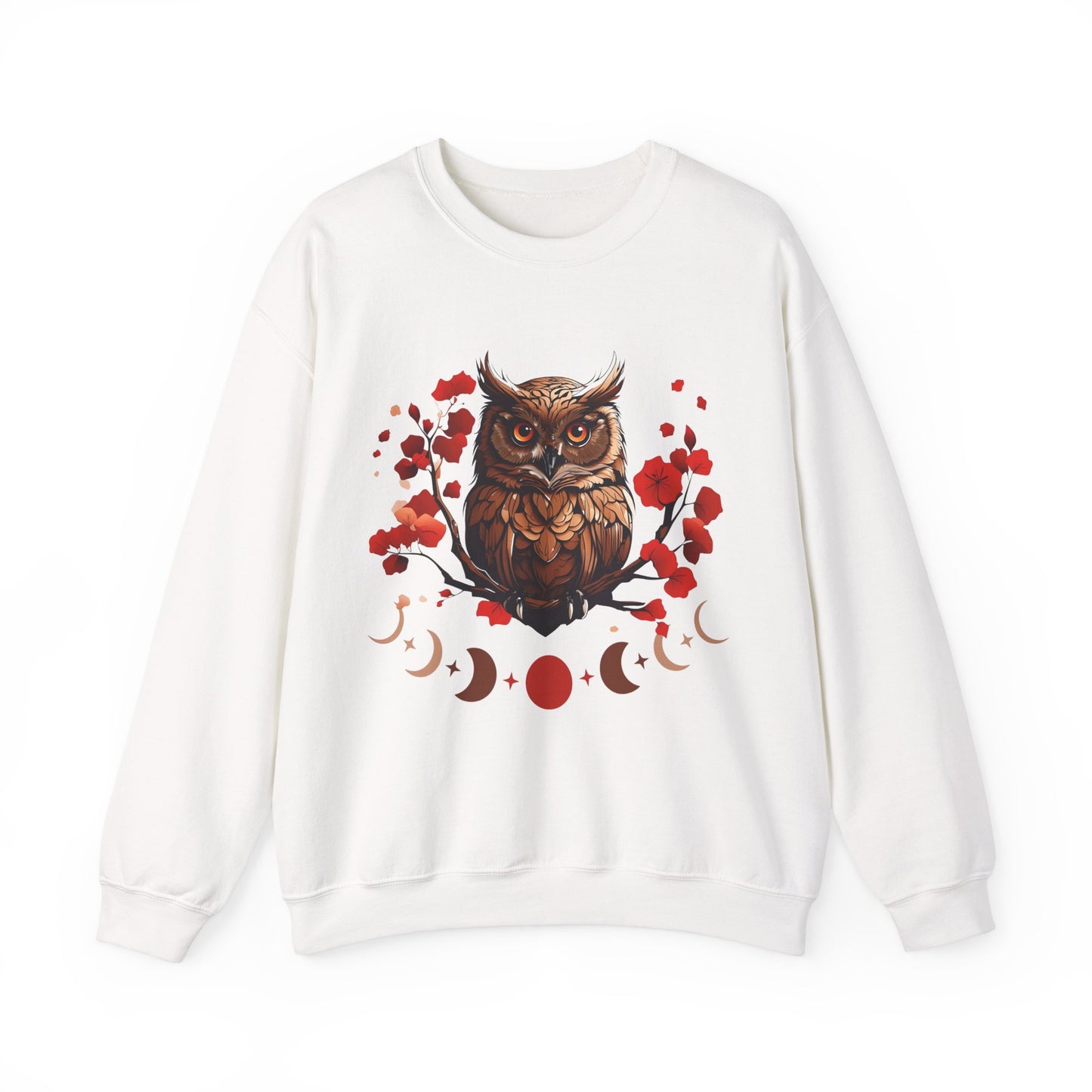 Moon Phase Owl Japanese Cherry Blossom Sweatshirt, Nature Spirit Unisex Pullover