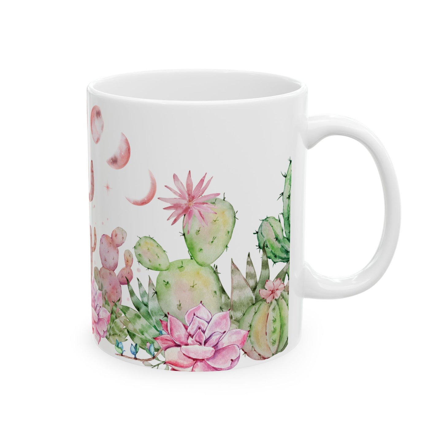 Taza de cerámica con acuarela de fases lunares, cactus y suculentas | Idea de regalo para amantes de los cactus | Idea de regalo para jardineros | Regalo para los que tienen un pulgar verde