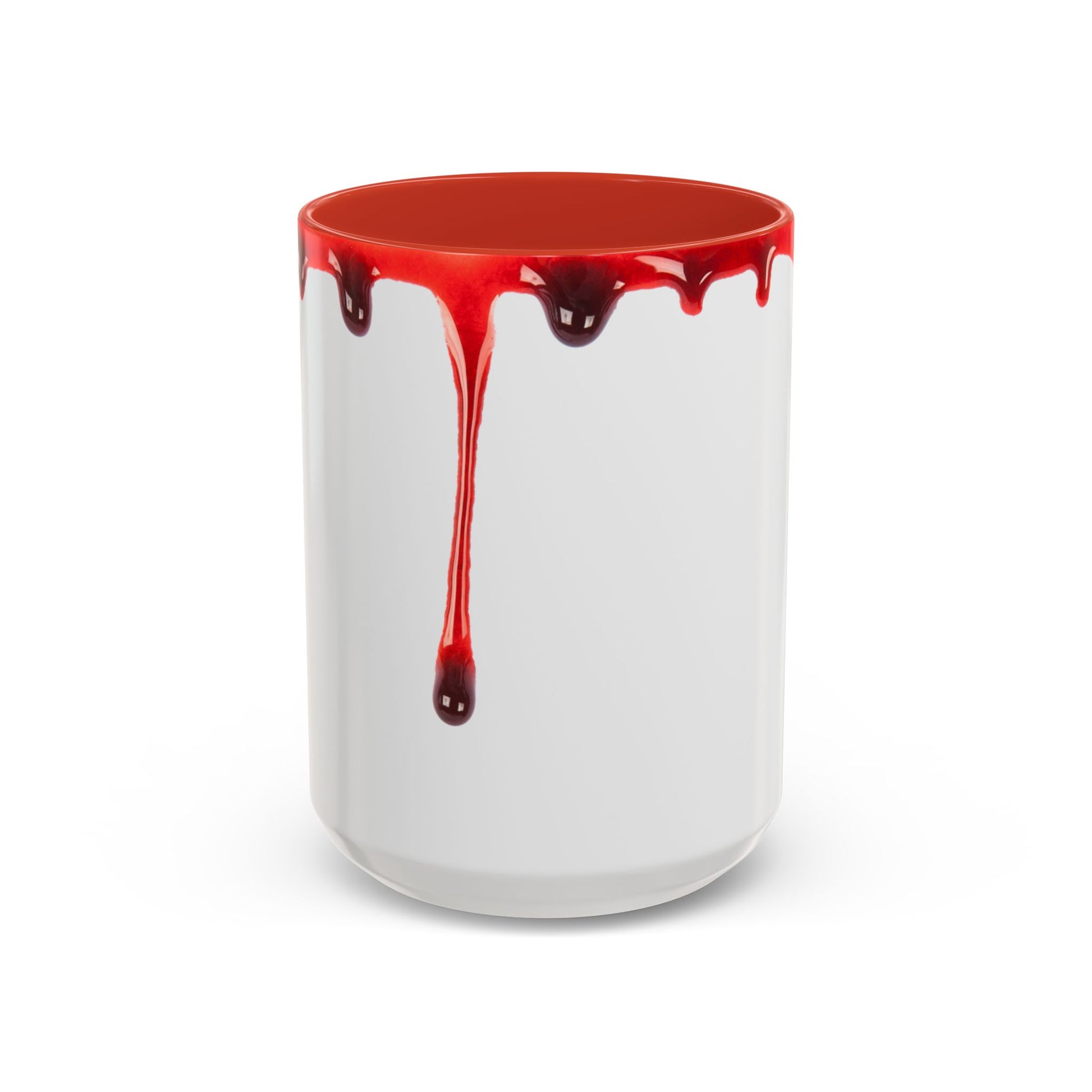 A white ceramic mug with a red interior and handle featuring a Dripping Blood design that resembles blood stains and drips on the side.