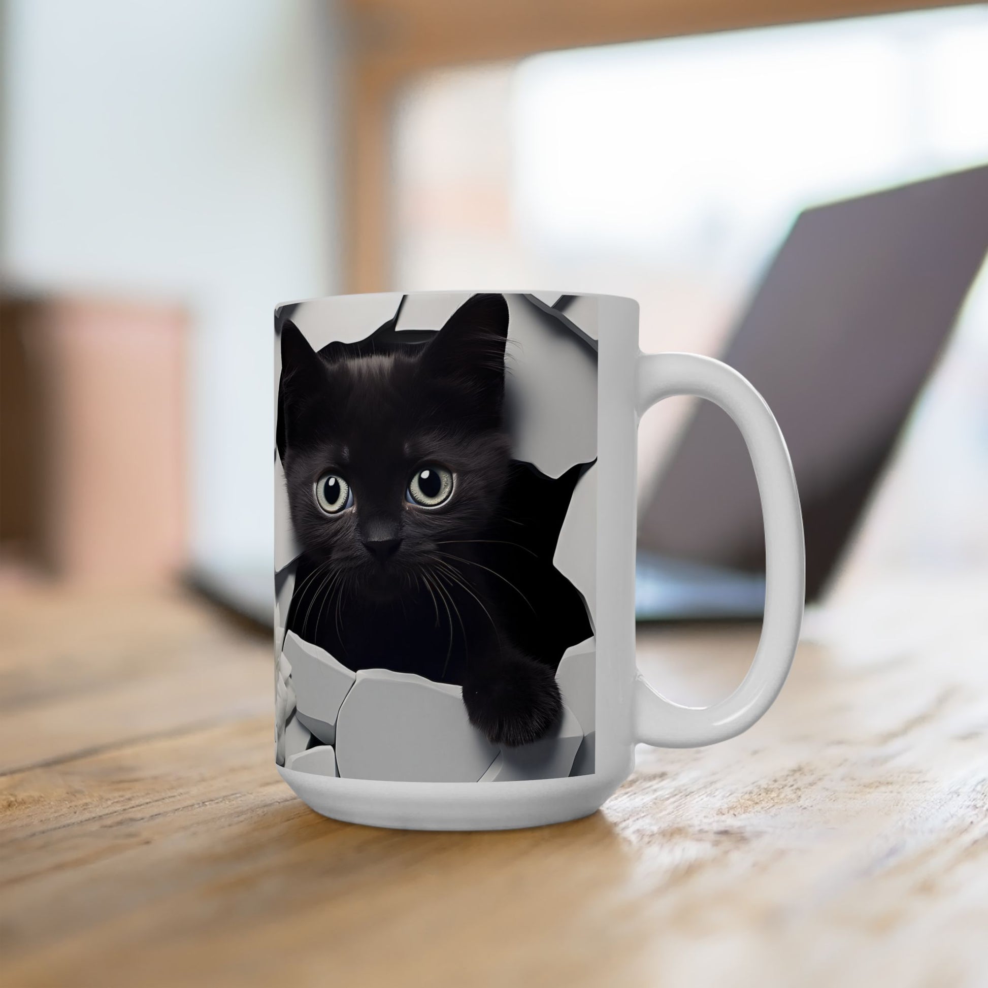 Black kitten peeking through a cracked wall 3D effect on white ceramic mug.