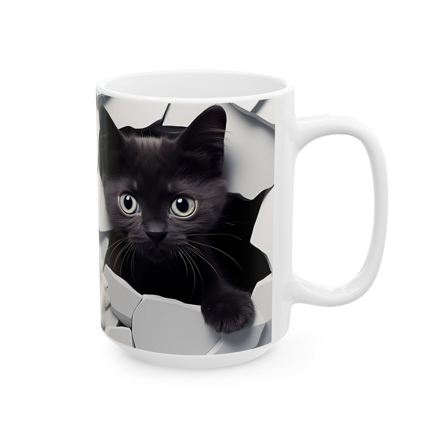 White mug with a black kitten peeking out design on a white background
