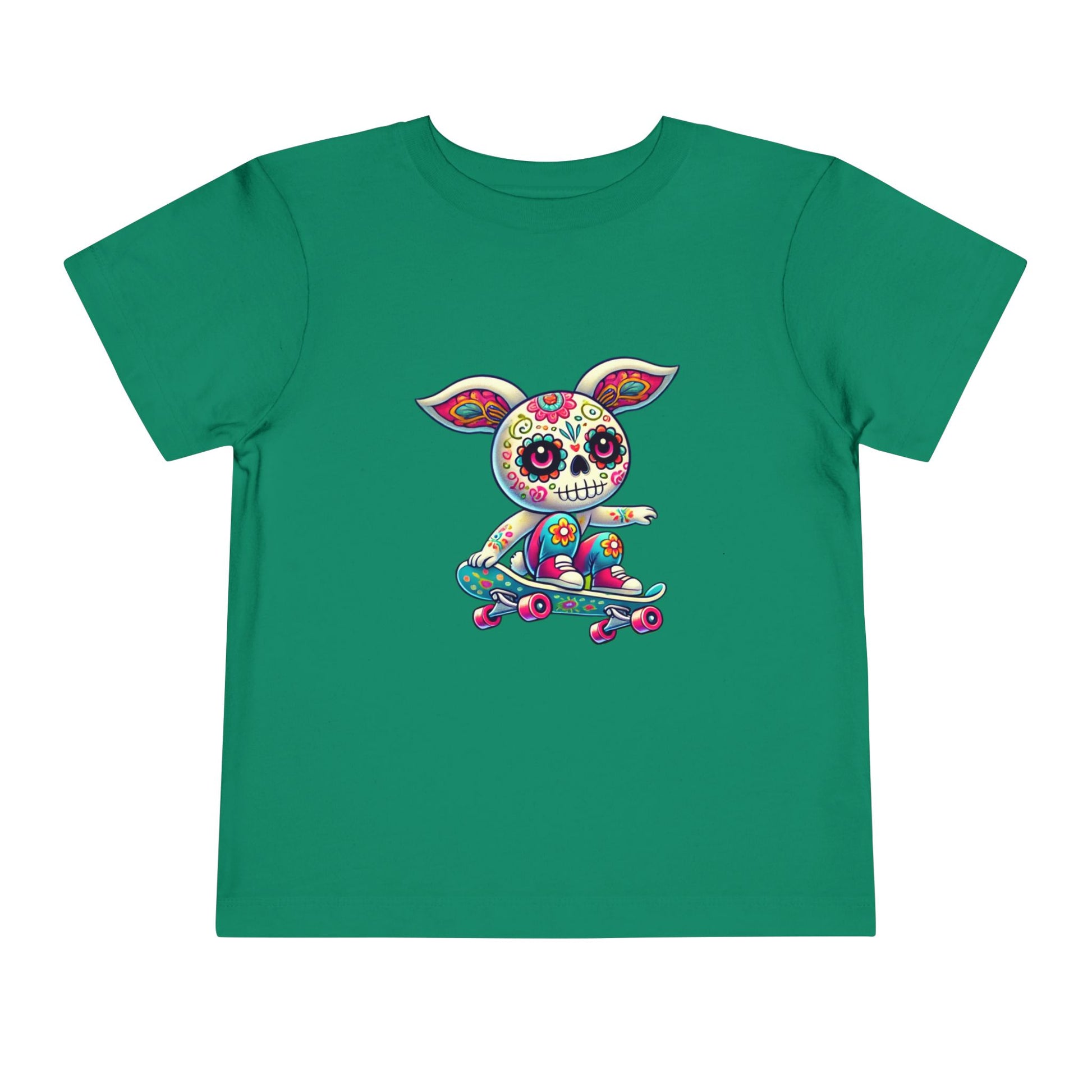 calavera sugar skull skater easter bunny rabbit on skateboard skateboarding green color tshirt
