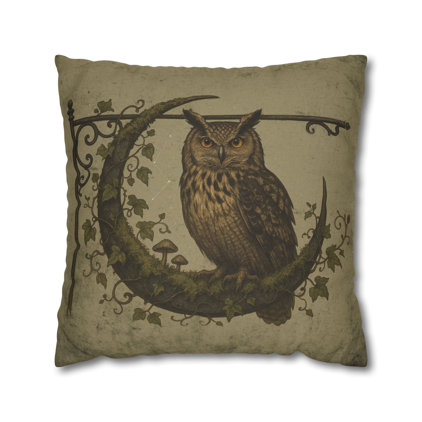 Moon owl pillow cover close up mystical artwork detail