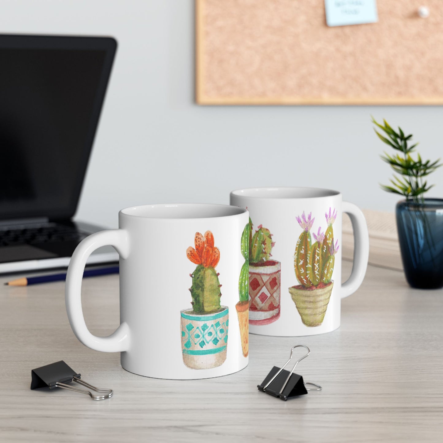 Watercolor Potted Cacti and Succulents Ceramic Mug Cacti Lover Gardener Gift Idea for Green Thumb