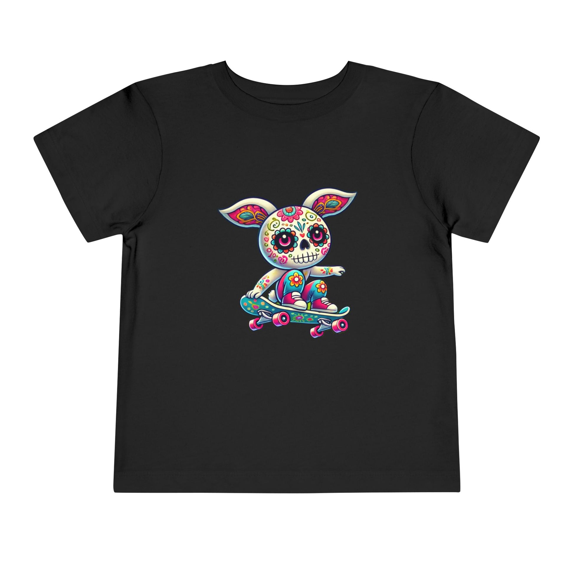 calavera sugar skull skater easter bunny rabbit on skateboard skateboarding black color tshirt