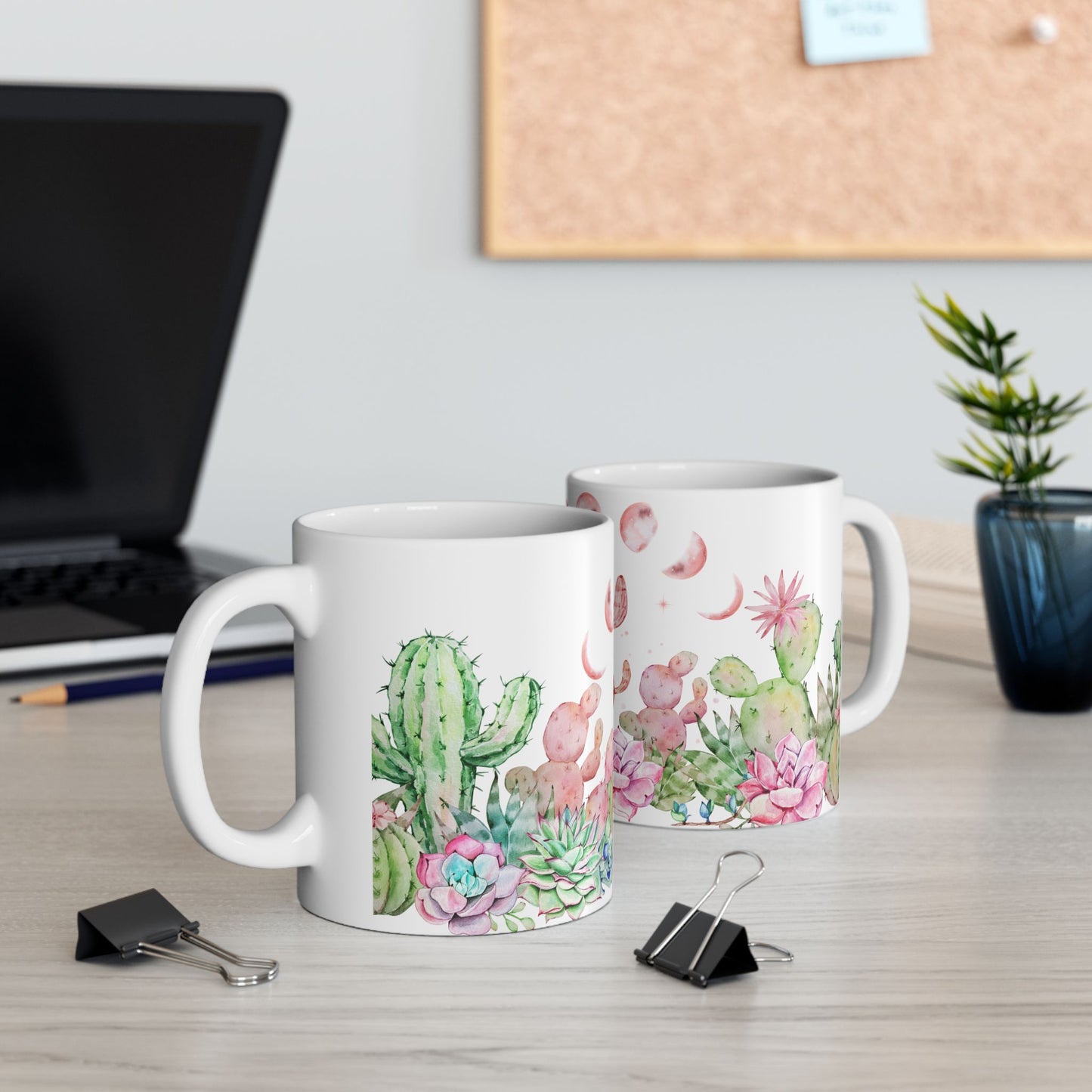 Taza de cerámica con acuarela de fases lunares, cactus y suculentas | Idea de regalo para amantes de los cactus | Idea de regalo para jardineros | Regalo para los que tienen un pulgar verde