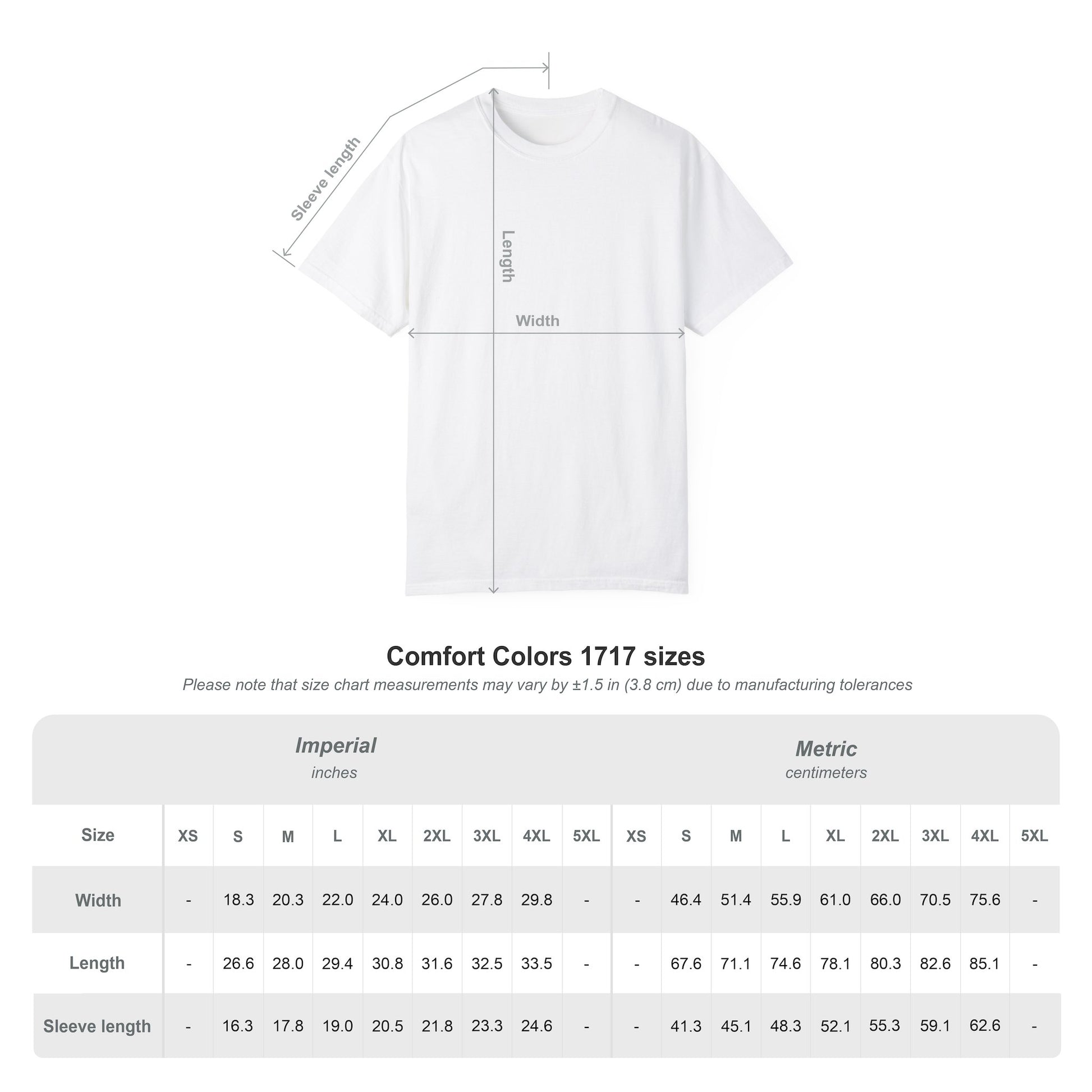 Size chart for unisex Comfort Colors Halloween t-shirt – garment specs and fit guide