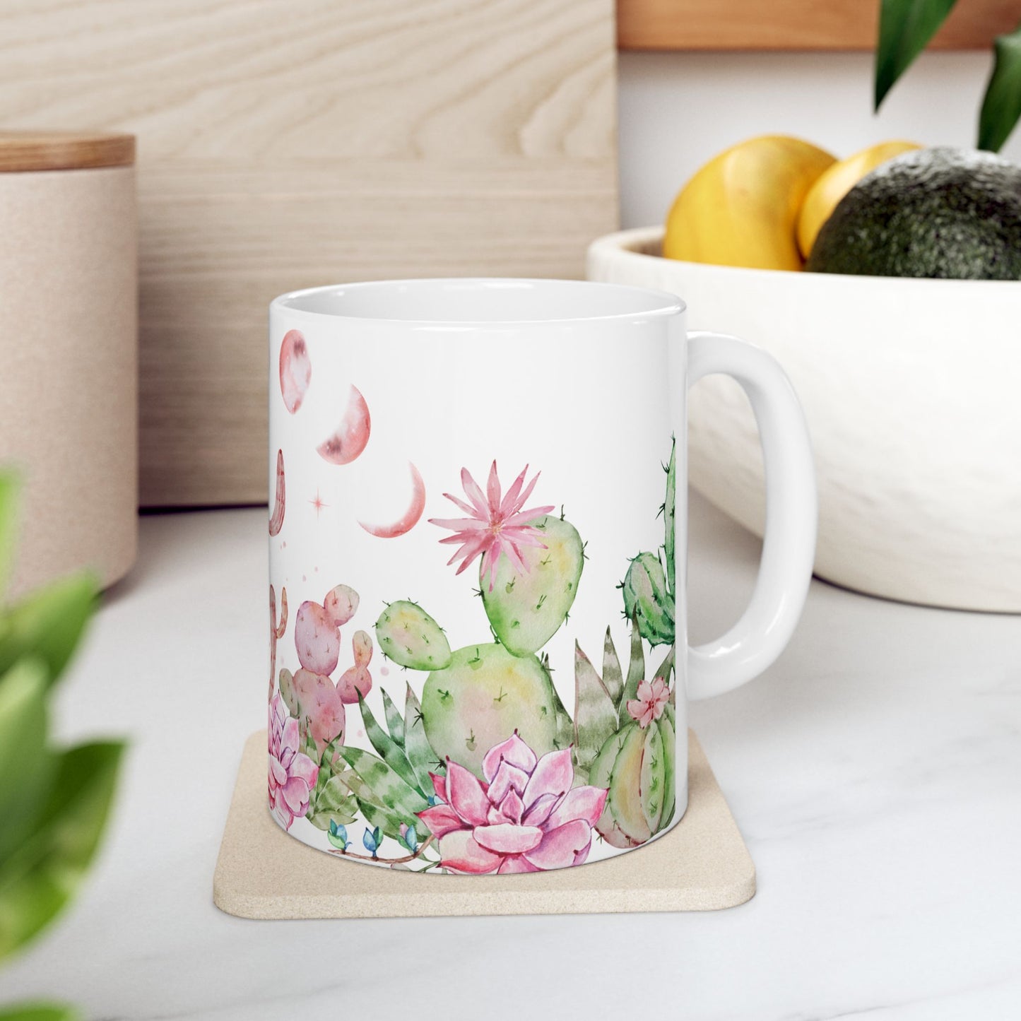 Taza de cerámica con acuarela de fases lunares, cactus y suculentas | Idea de regalo para amantes de los cactus | Idea de regalo para jardineros | Regalo para los que tienen un pulgar verde