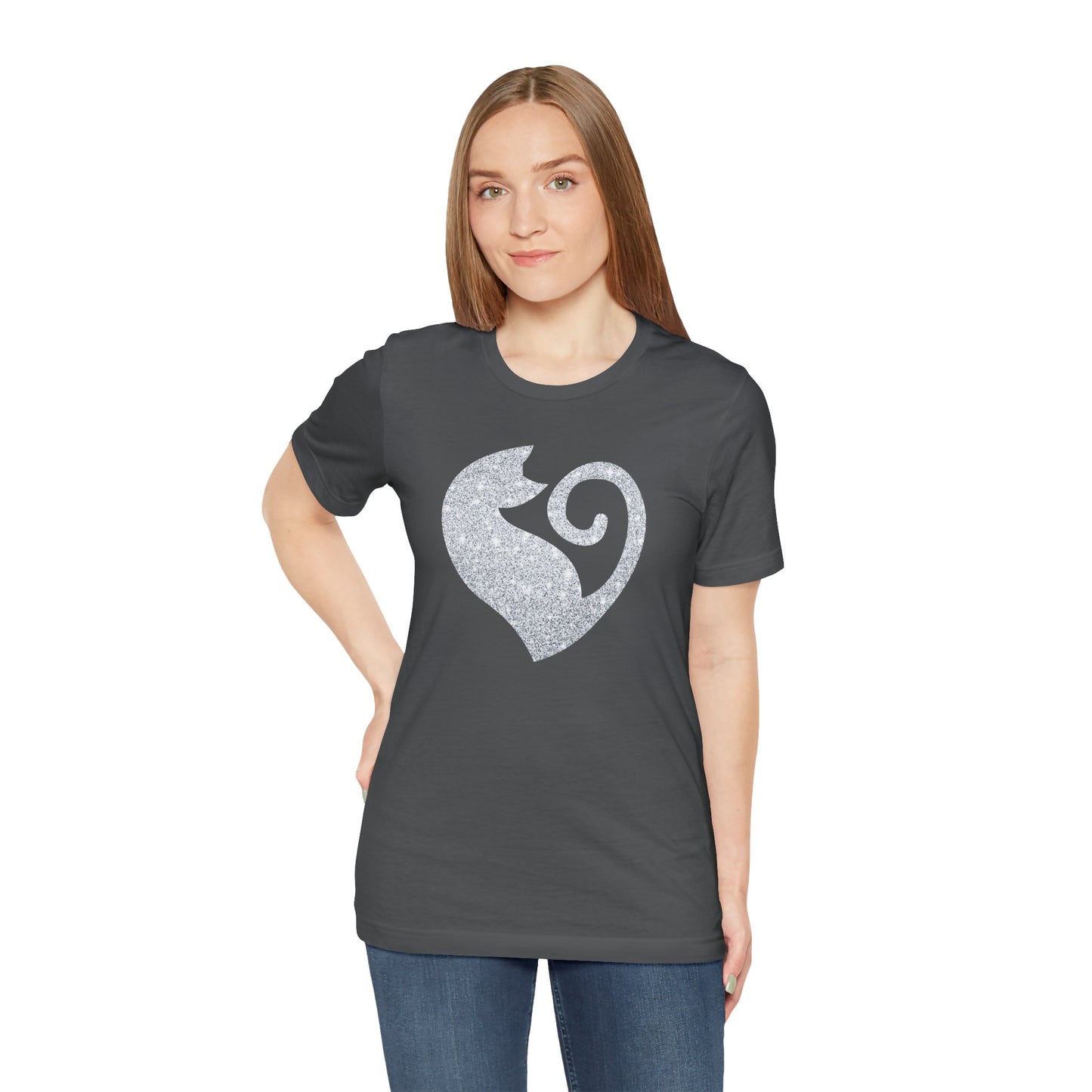 Cat Heart Silver Glitter Look Tee