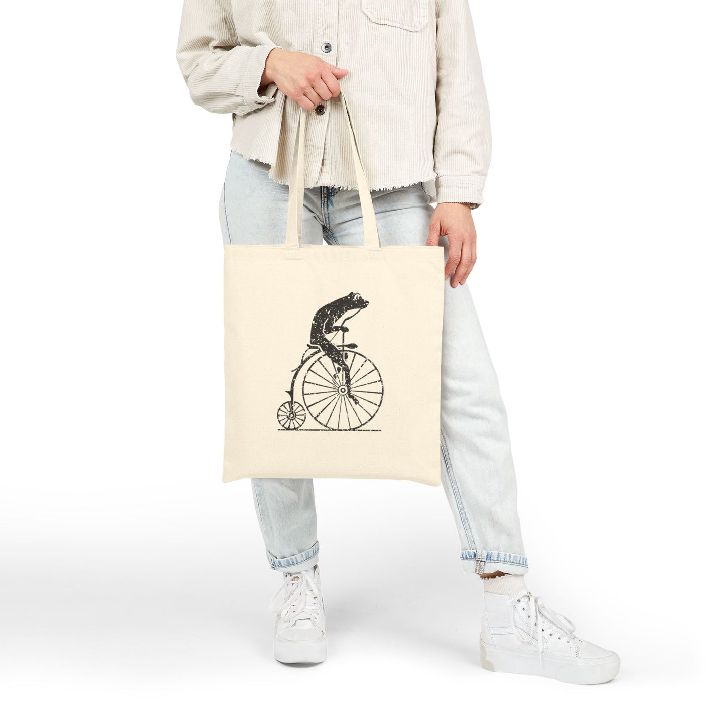 Vintage Distressed Frog on a penny-farthing bicycle Cotton Canvas Tote Bag | Black or Natural Printify
