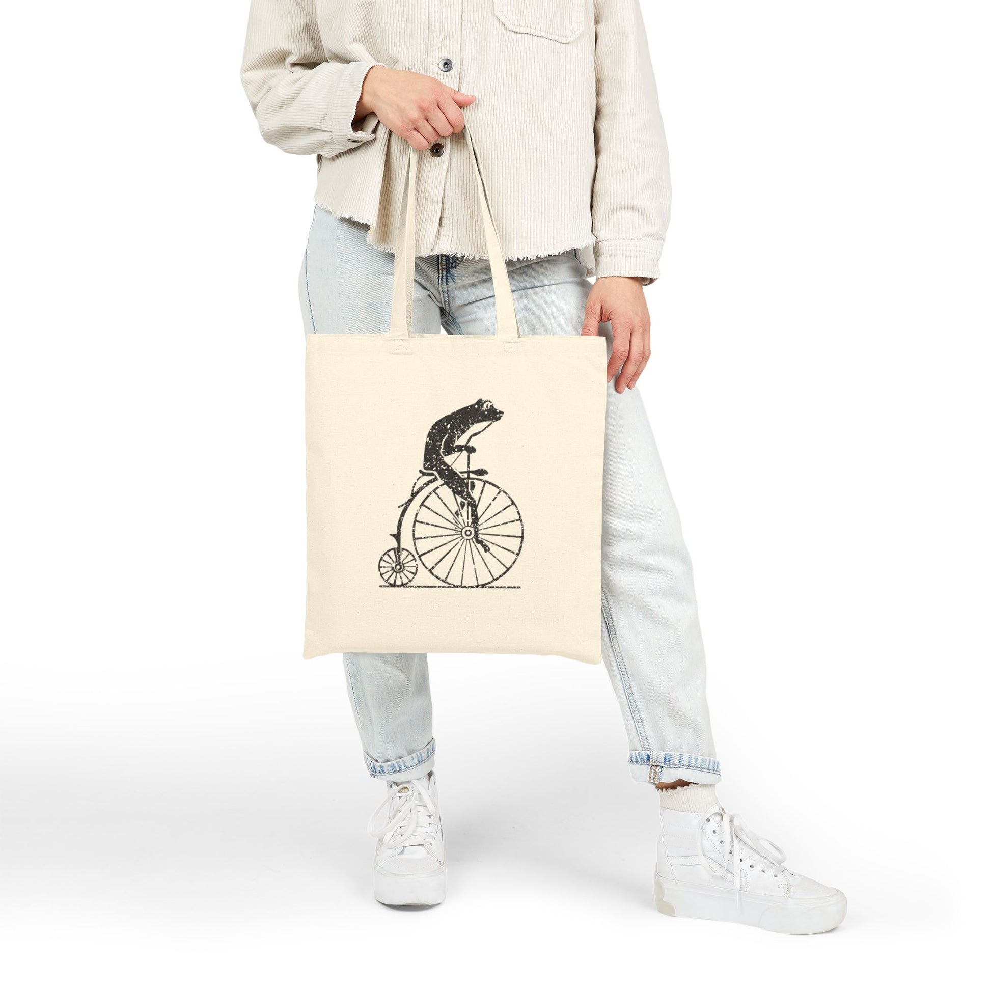 Vintage Distressed Frog on a penny-farthing bicycle Cotton Canvas Tote Bag | Black or Natural Printify
