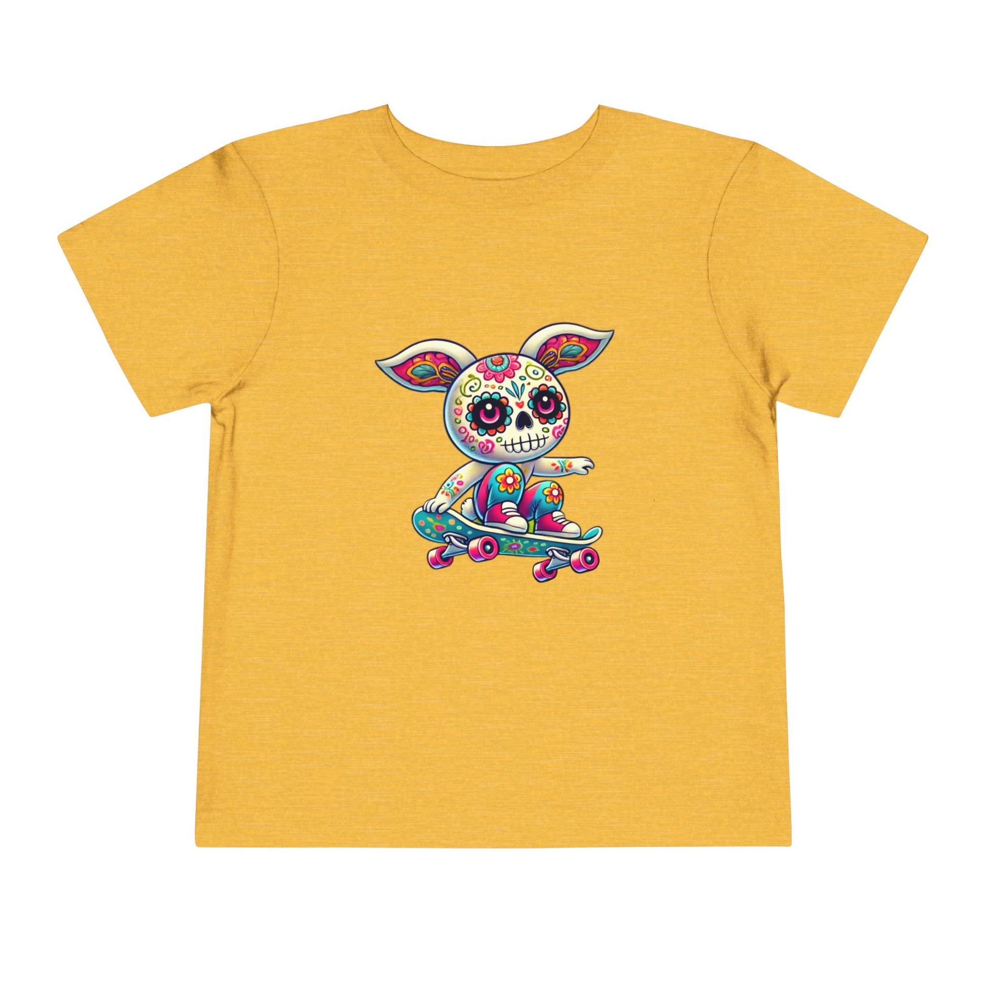 calavera sugar skull skater easter bunny rabbit on skateboard skateboarding yellow gold color tshirt