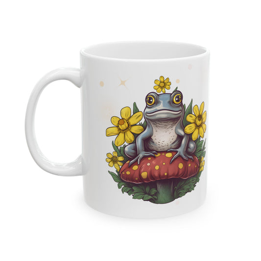 Taza Cottagecore con ranas y hongos venenosos | Diseño 3 | Disponible en 11 oz y 15 oz. Poema breve en la parte posterior