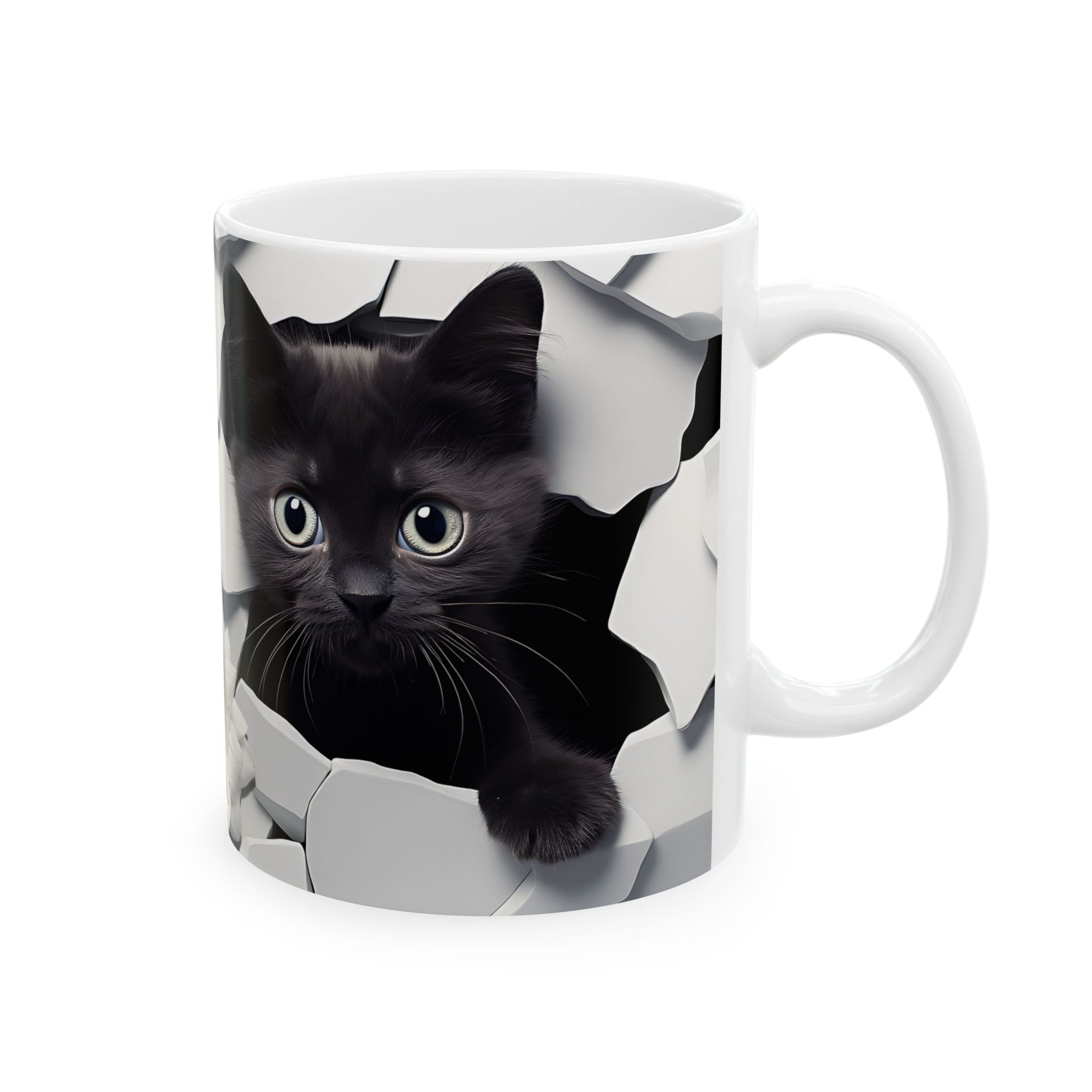 White mug with a black kitten design on a white background