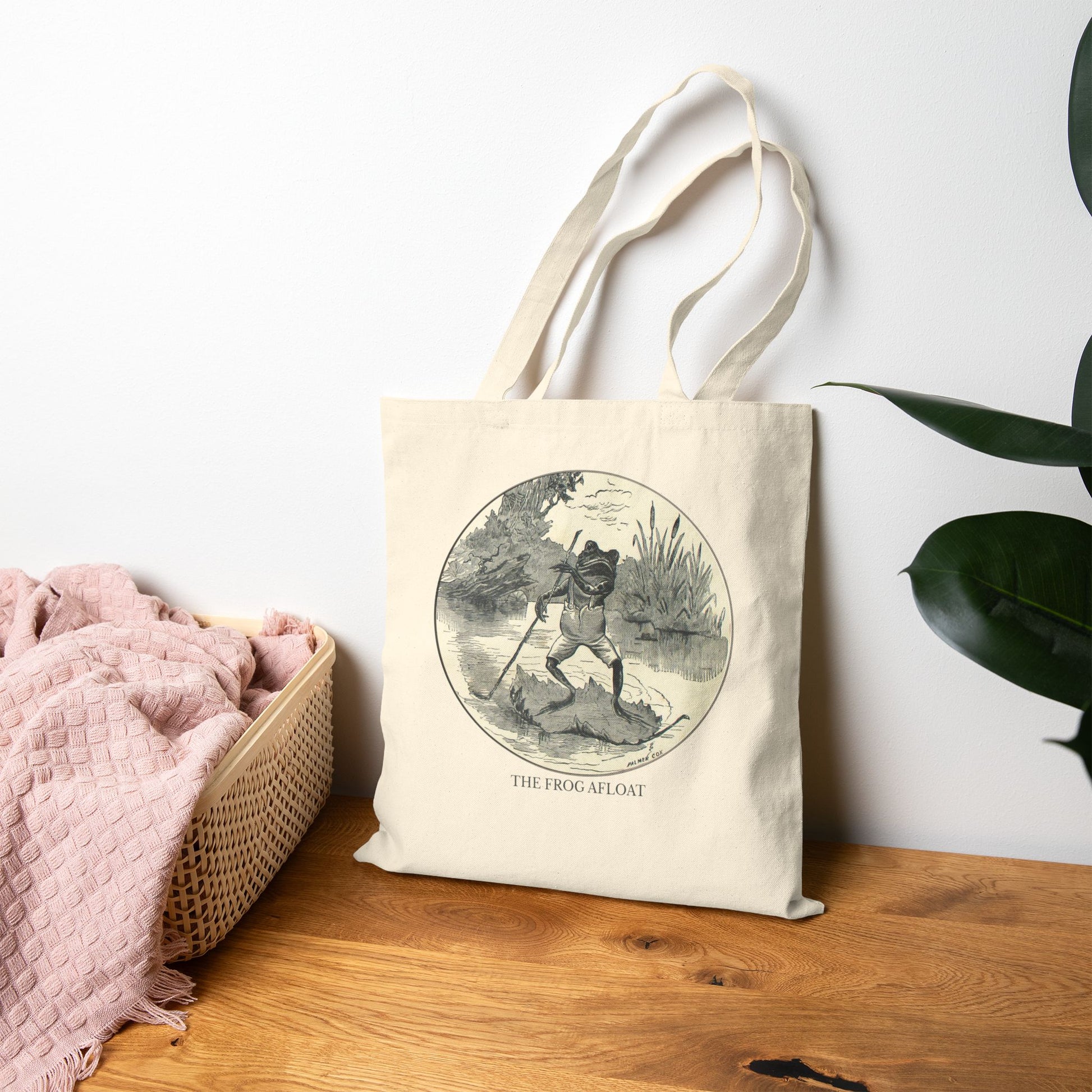 Vintage Antique The Frog Afloat Illustration Cotton Canvas Tote Bag | Black or Natural Printify