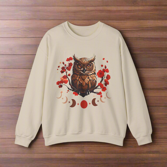 Moon Phase Owl Japanese Cherry Blossom Sweatshirt, Nature Spirit Unisex Pullover