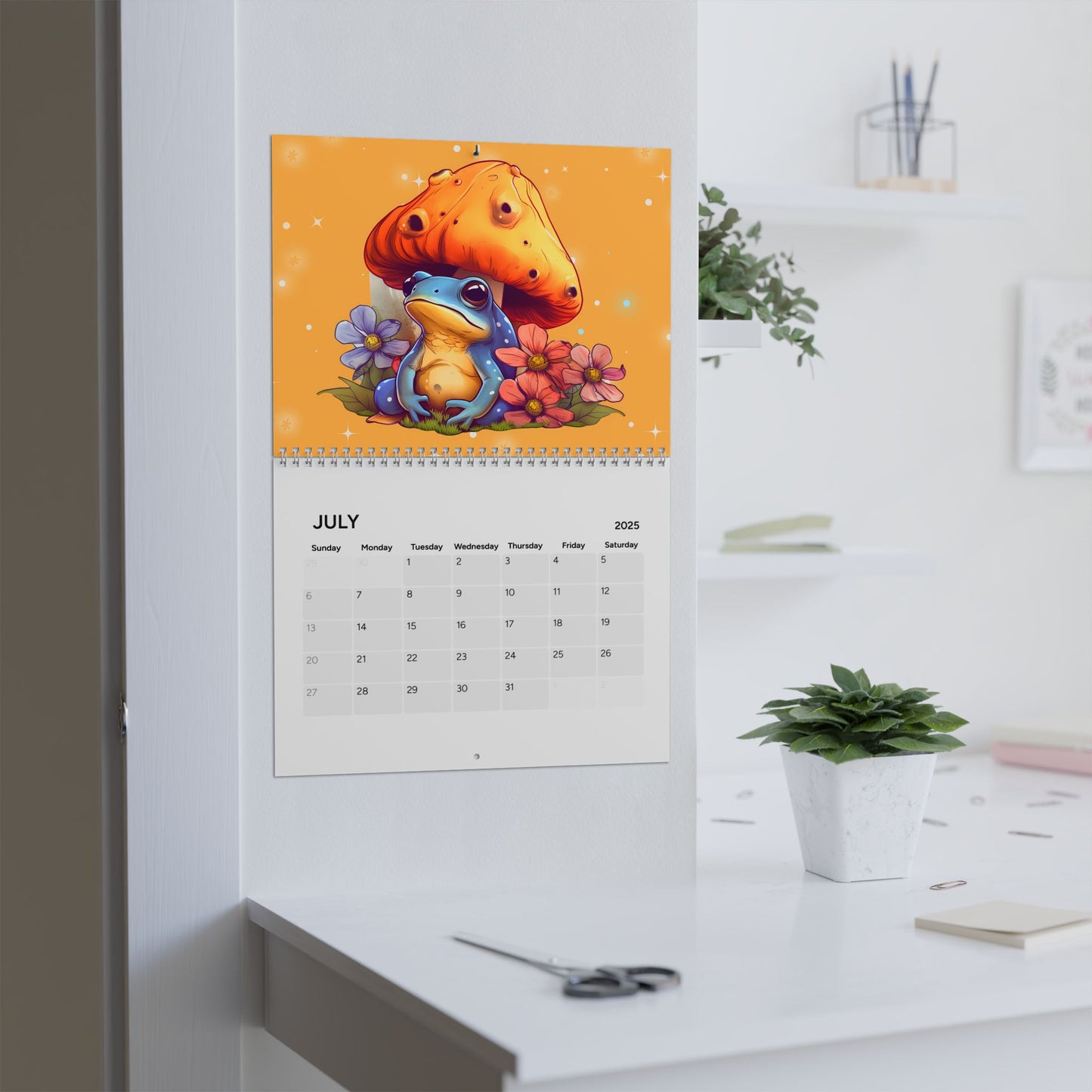 Calendario de pared de ranas y hongos venenosos 2025 para amantes de las ranas o artículos de papelería para niños