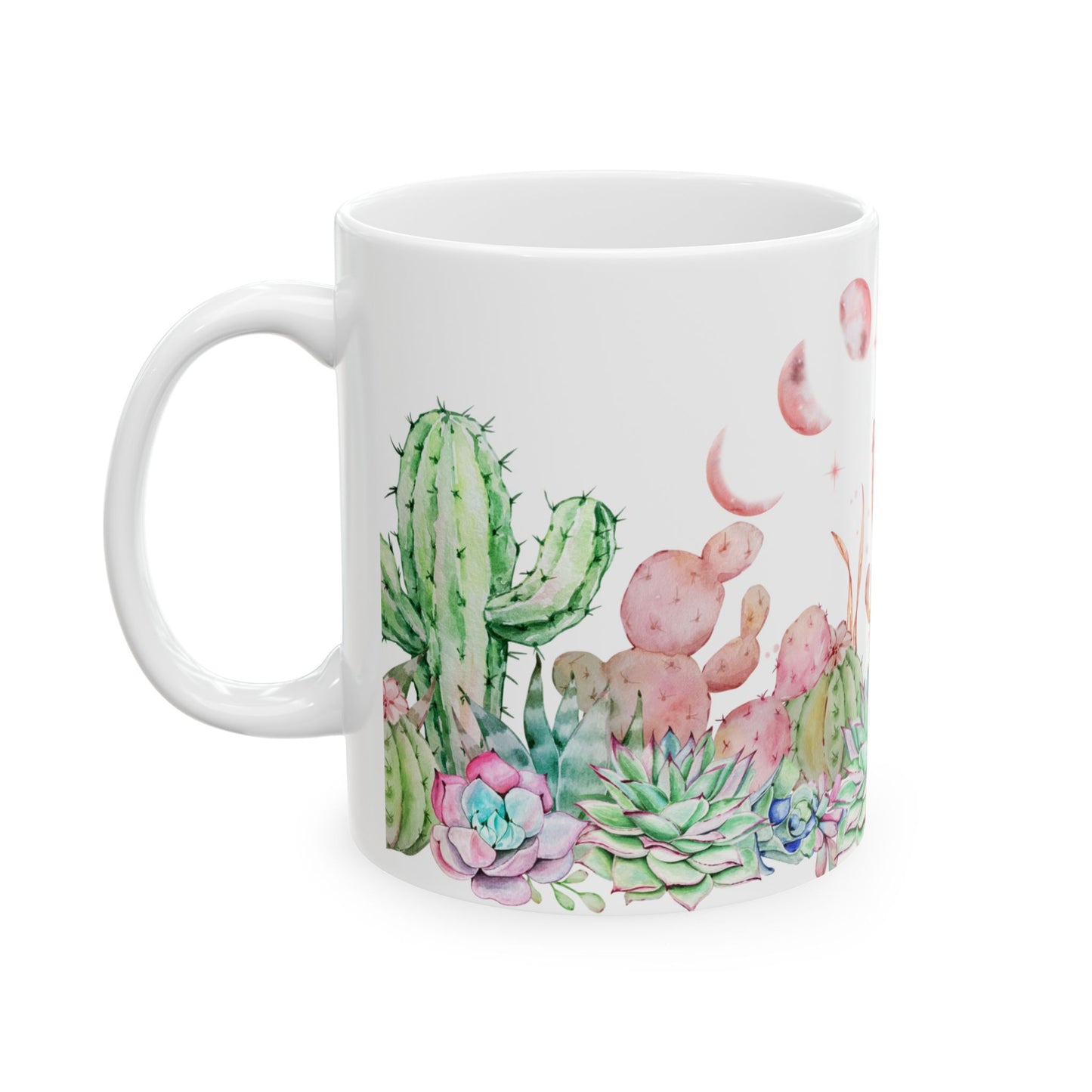 Taza de cerámica con acuarela de fases lunares, cactus y suculentas | Idea de regalo para amantes de los cactus | Idea de regalo para jardineros | Regalo para los que tienen un pulgar verde