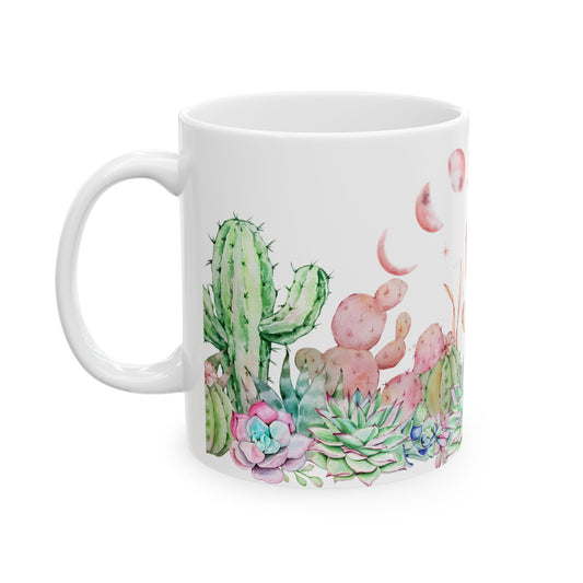 Taza de cerámica con acuarela de fases lunares, cactus y suculentas | Idea de regalo para amantes de los cactus | Idea de regalo para jardineros | Regalo para los que tienen un pulgar verde