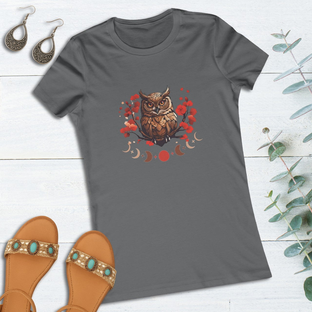 Owl Cherry Blossom Tee Nature Spirit Floral T-Shirt for Women Printify