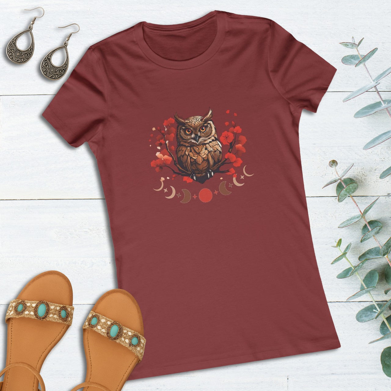 Owl Cherry Blossom Tee Nature Spirit Floral T-Shirt for Women Printify