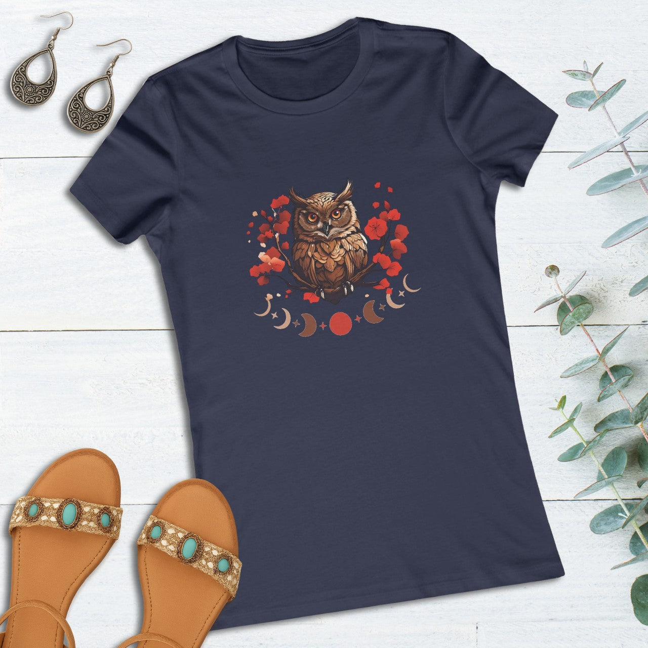 Owl Cherry Blossom Tee Nature Spirit Floral T-Shirt for Women Printify