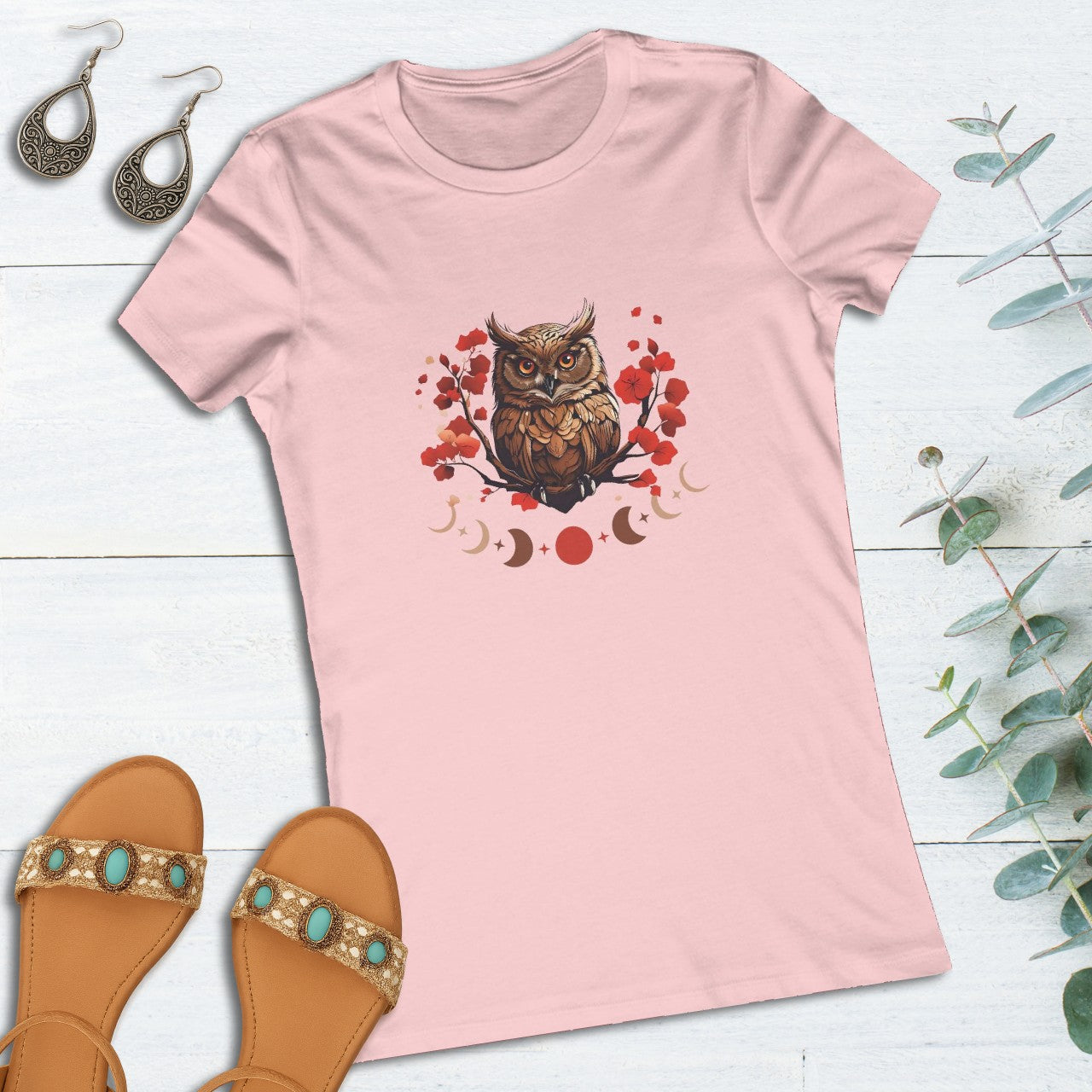 Owl Cherry Blossom Tee Nature Spirit Floral T-Shirt for Women Printify
