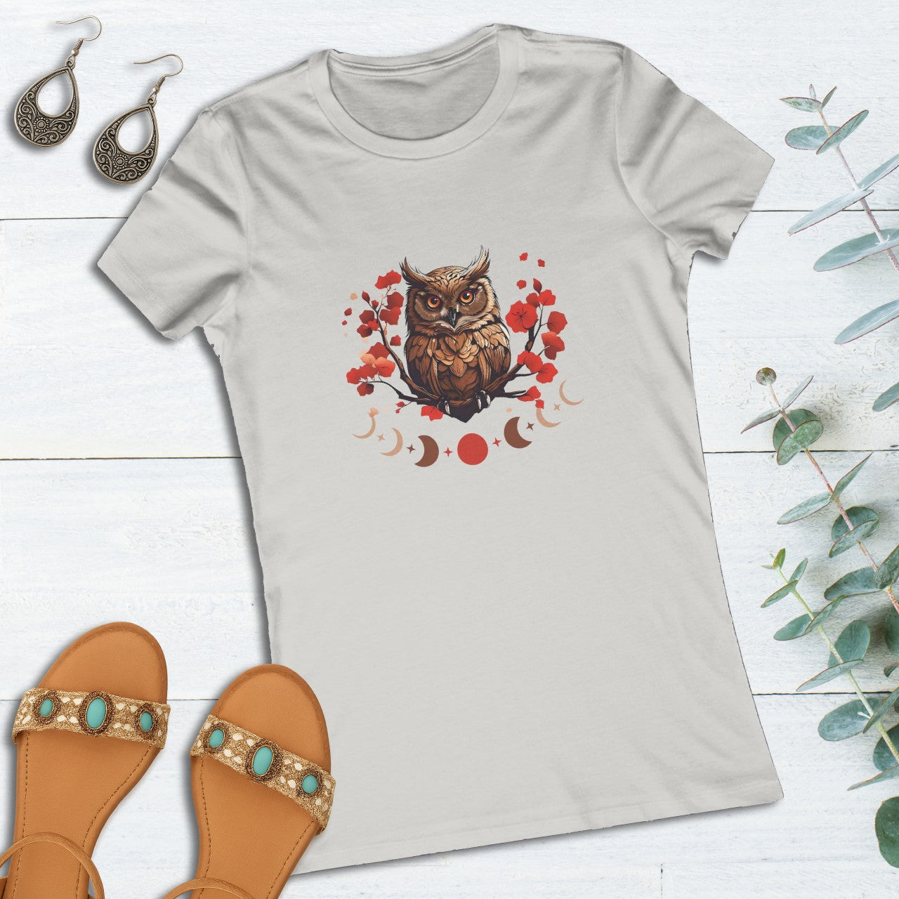 Owl Cherry Blossom Tee Nature Spirit Floral T-Shirt for Women Printify