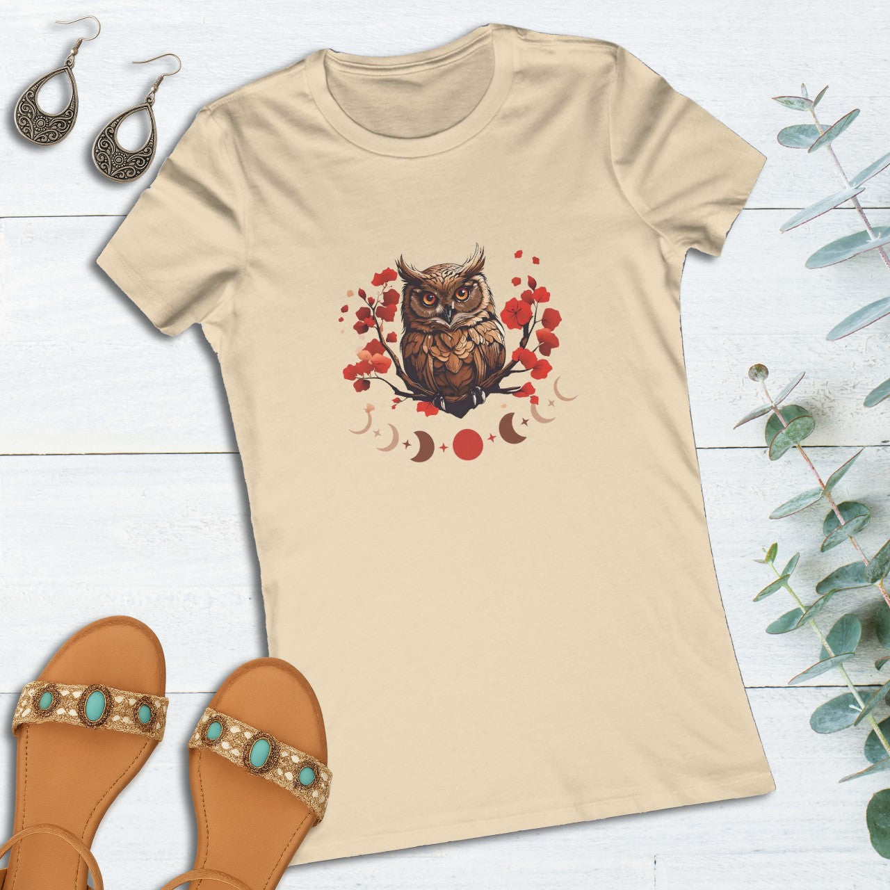Owl Cherry Blossom Tee Nature Spirit Floral T-Shirt for Women Printify