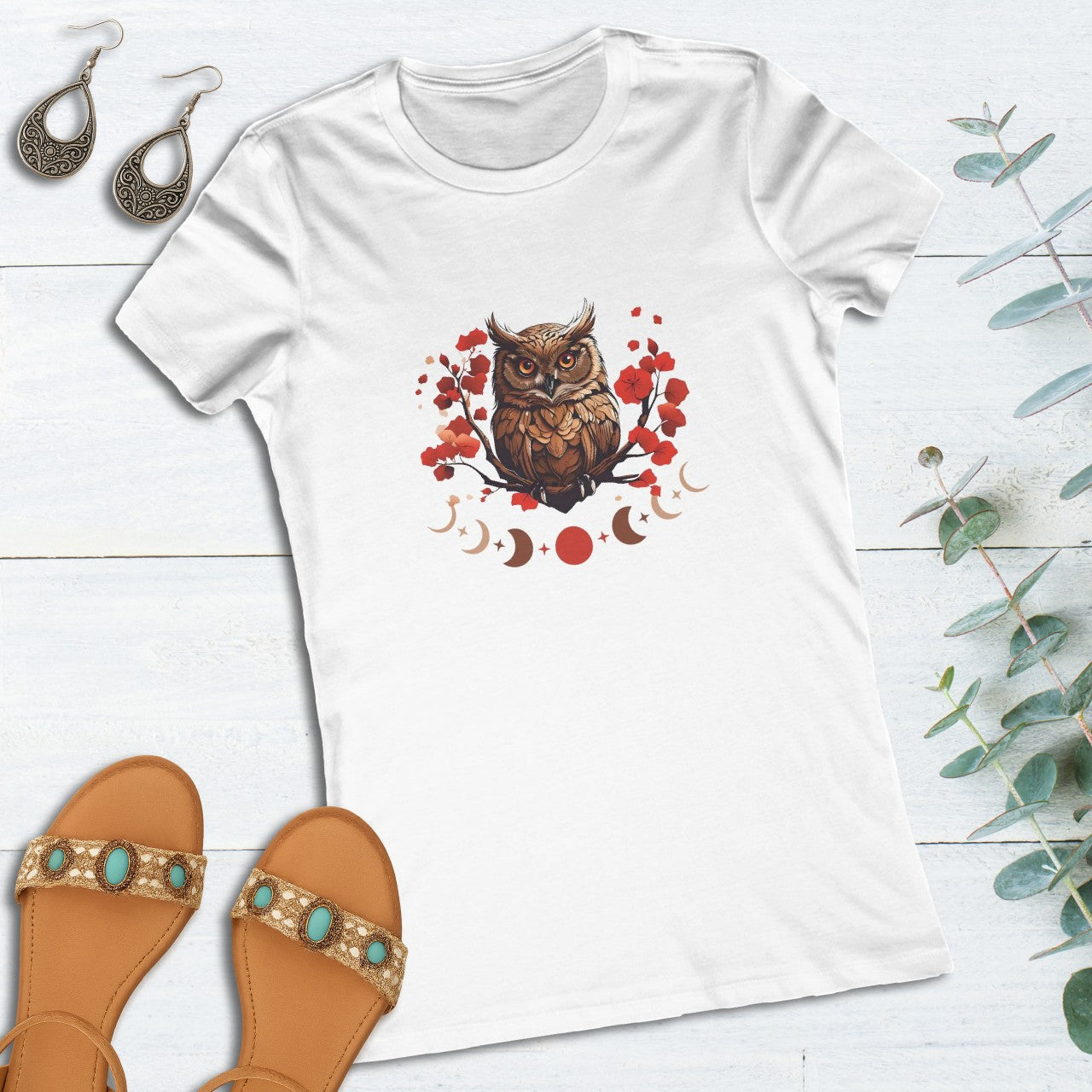 Owl Cherry Blossom Tee Nature Spirit Floral T-Shirt for Women Printify
