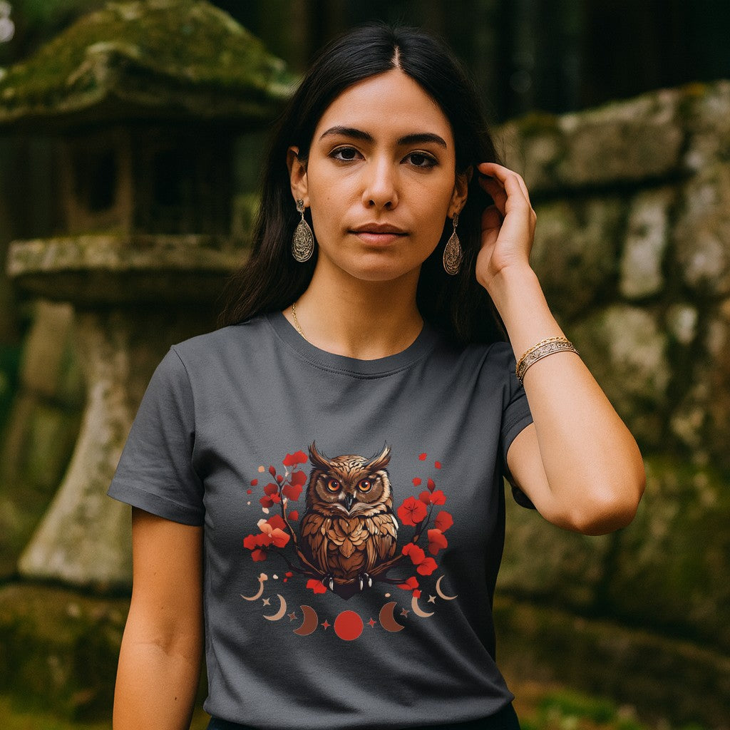 Owl Cherry Blossom Tee Nature Spirit Floral T-Shirt for Women Printify