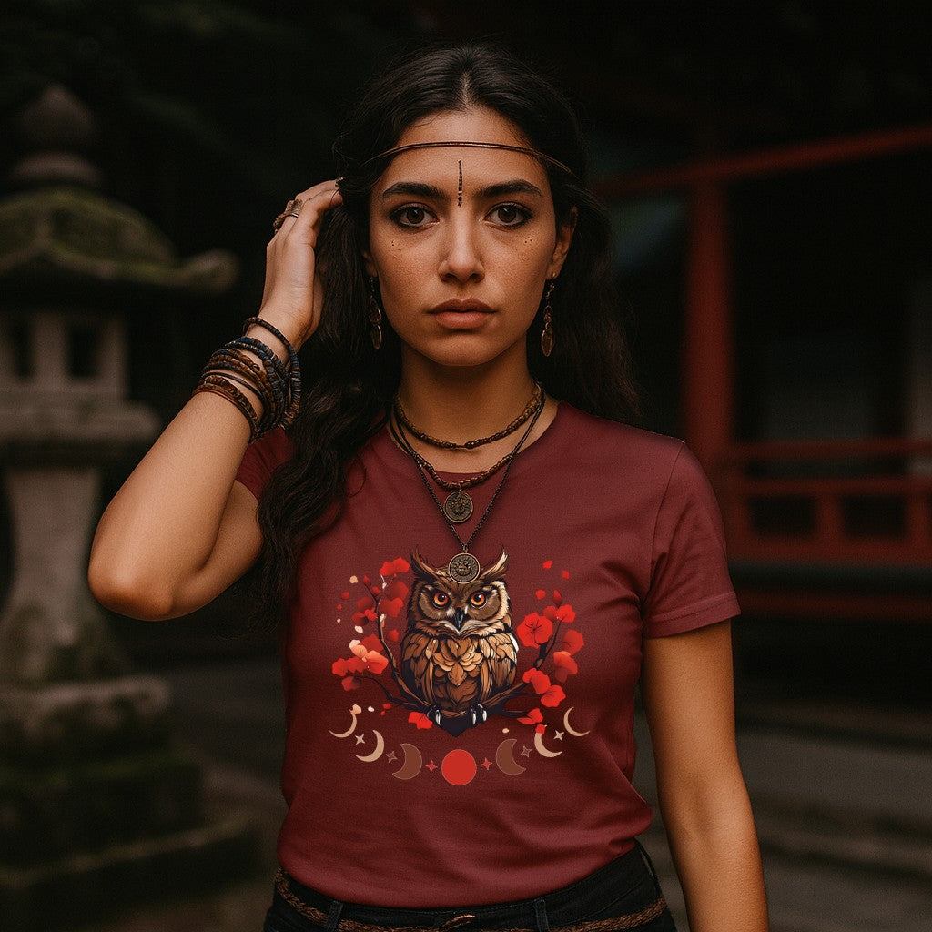 Owl Cherry Blossom Tee Nature Spirit Floral T-Shirt for Women Printify