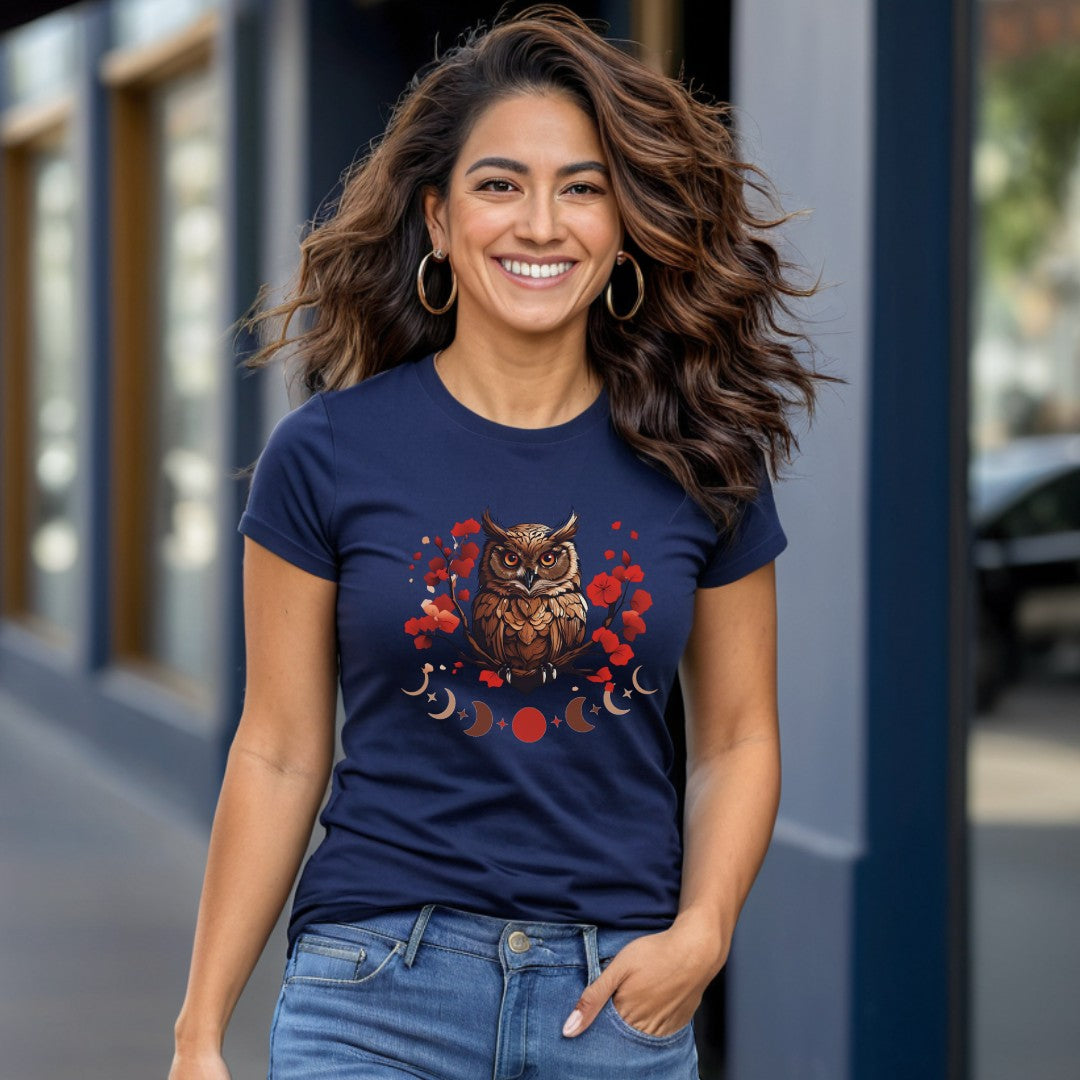 Owl Cherry Blossom Tee Nature Spirit Floral T-Shirt for Women Printify