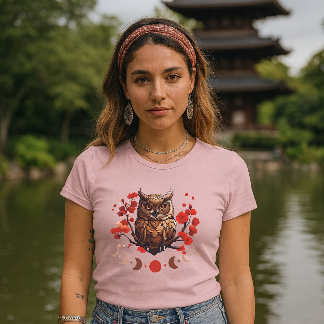 Owl Cherry Blossom Tee Nature Spirit Floral T-Shirt for Women Printify