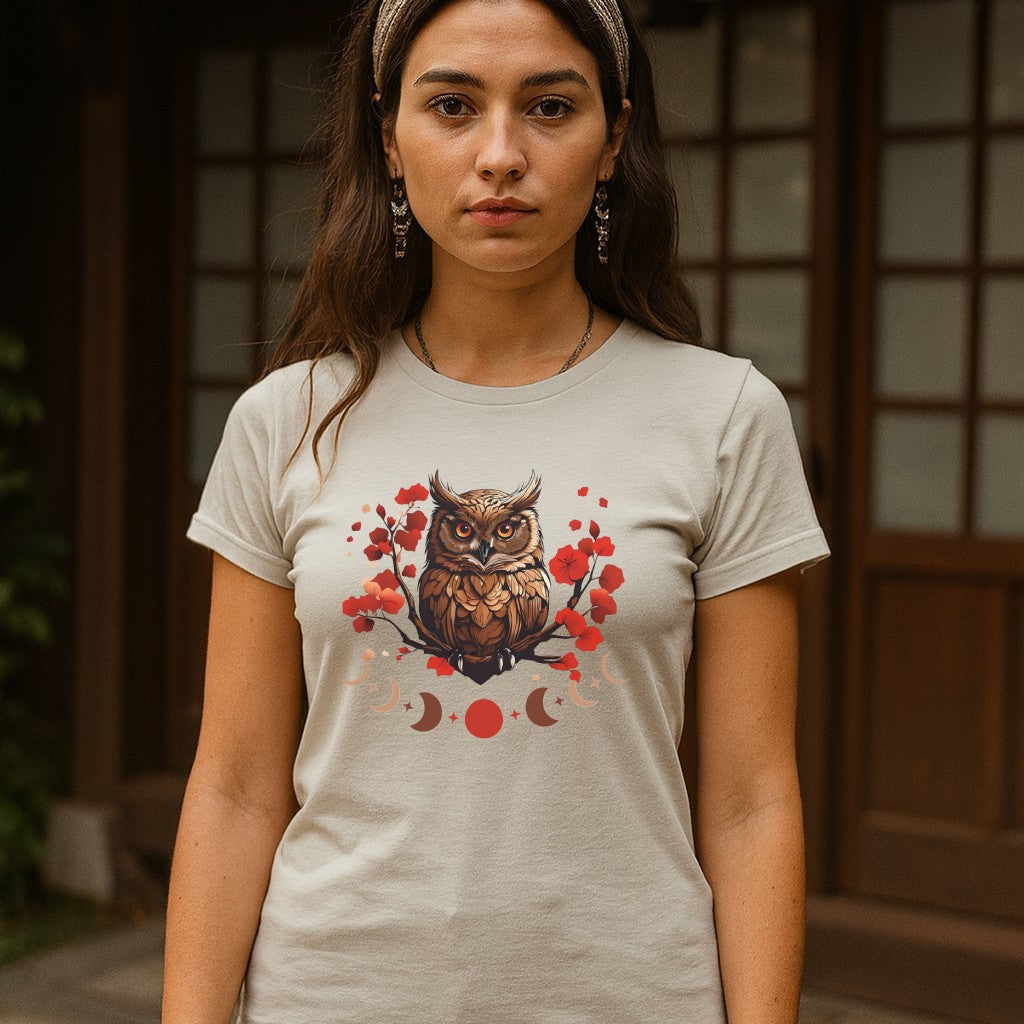 Owl Cherry Blossom Tee Nature Spirit Floral T-Shirt for Women Printify