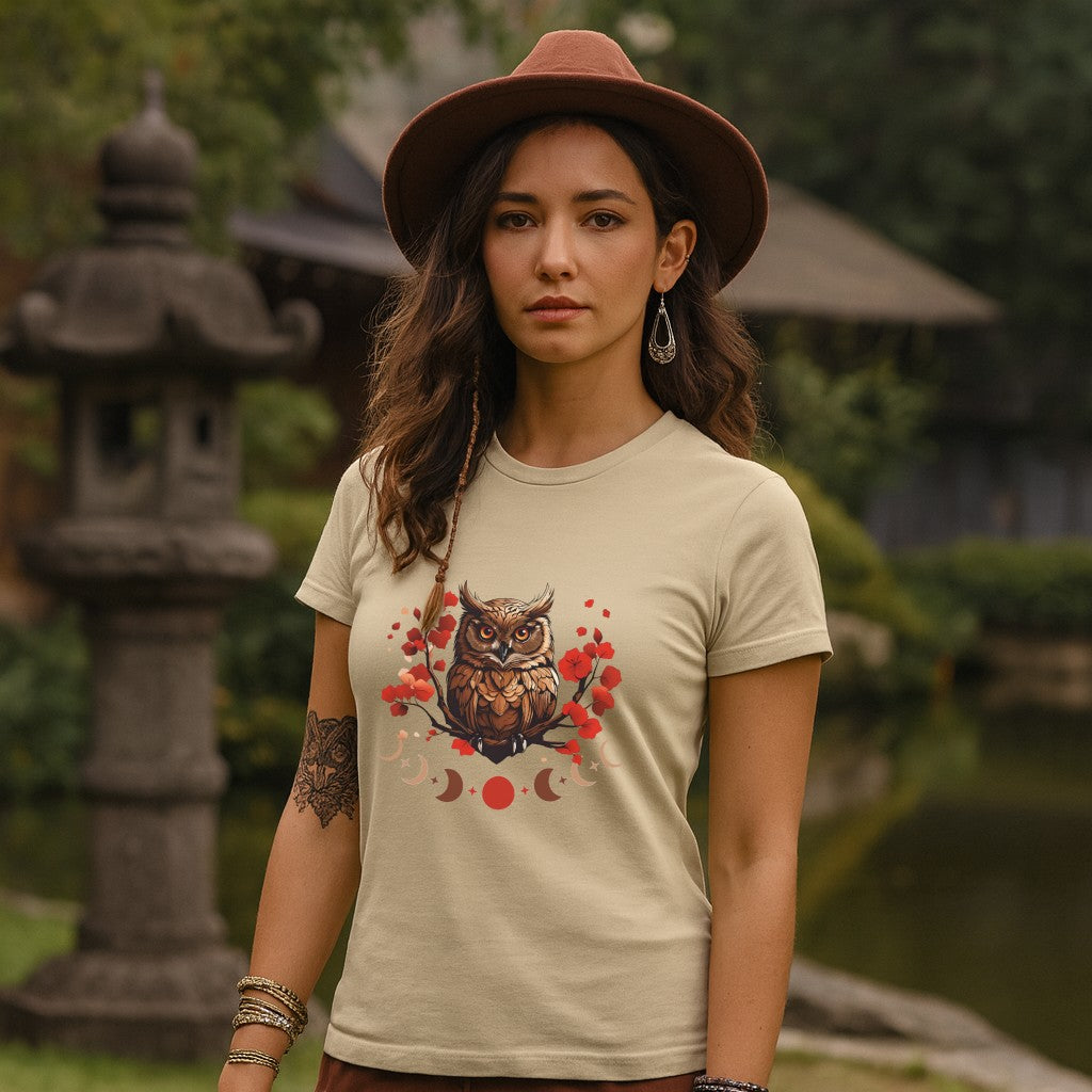 Owl Cherry Blossom Tee Nature Spirit Floral T-Shirt for Women Printify