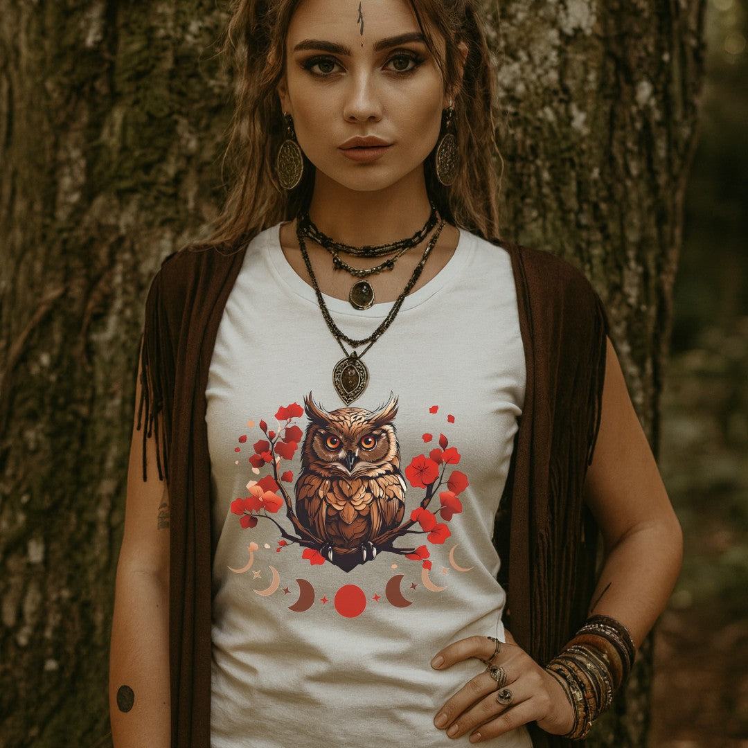 Owl Cherry Blossom Tee Nature Spirit Floral T-Shirt for Women Printify