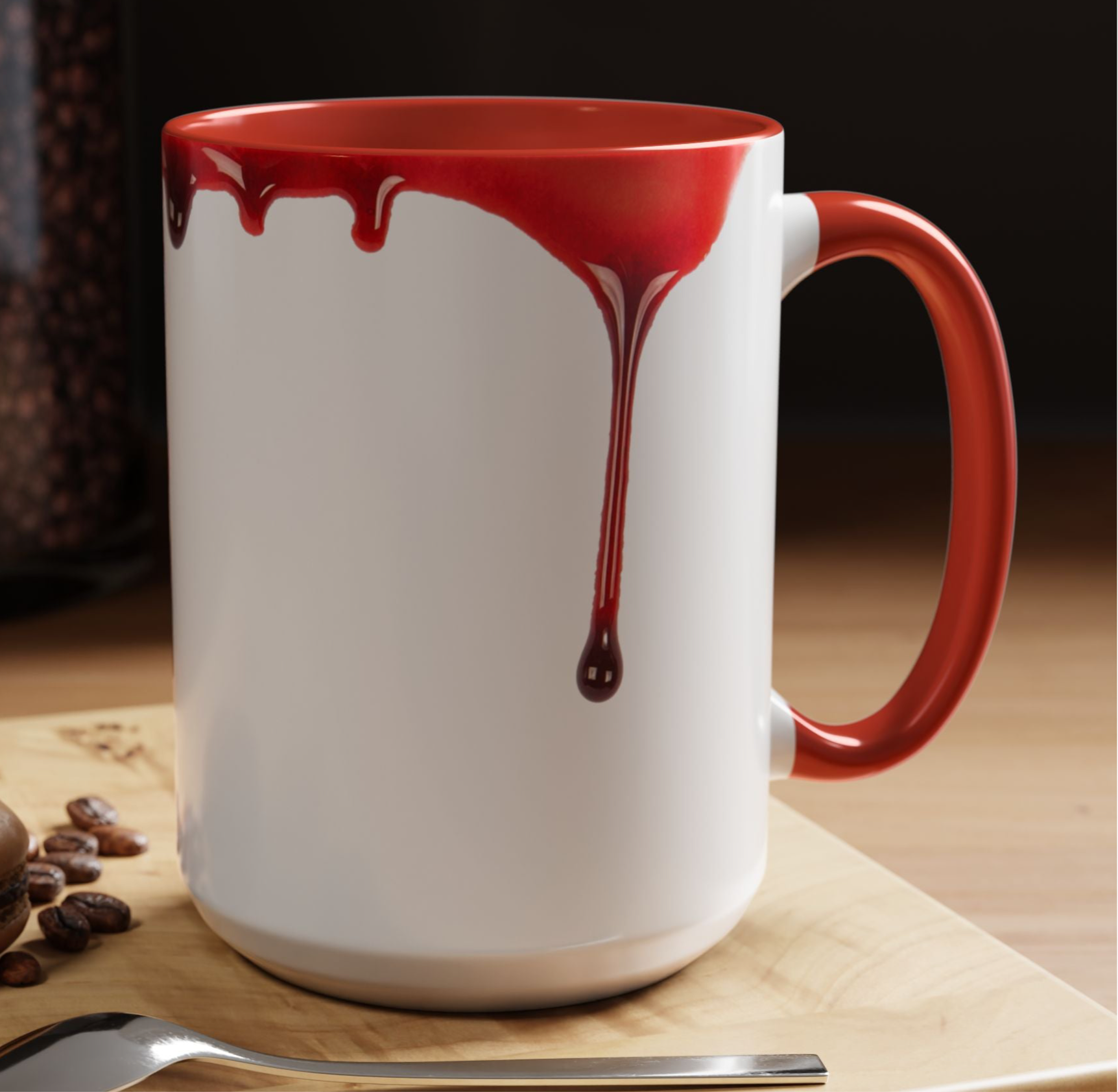 White mug with red interior and handle, featuring a red bloody drip design, on a wooden surface with coffee beans and a spoon 15oz