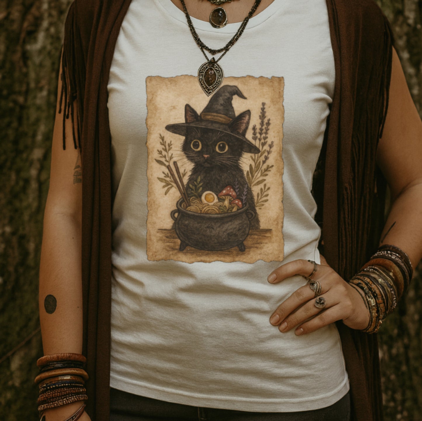 Witchy Ramen Noodle Black Cat Tee Printify