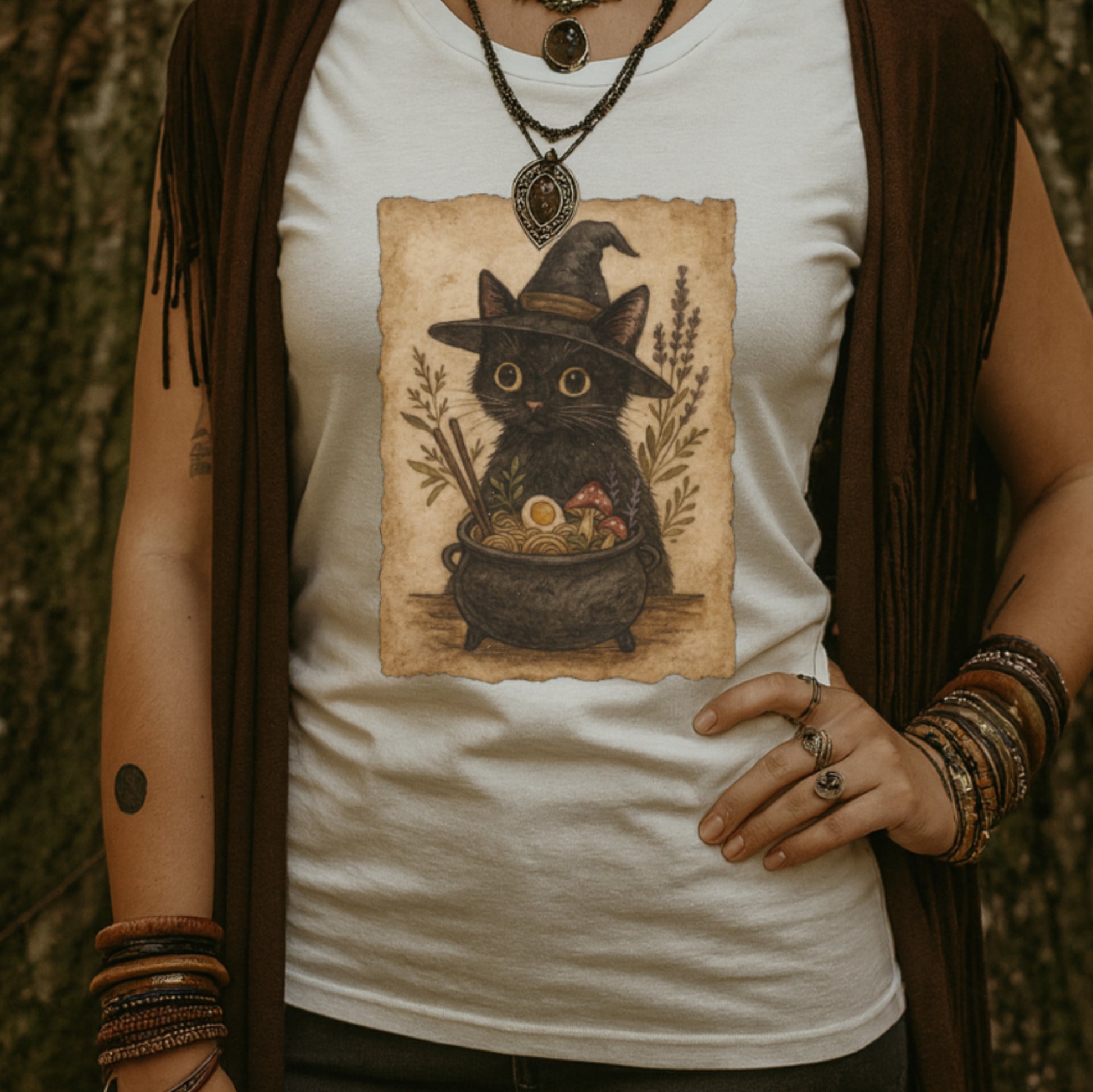 Witchy Ramen Noodle Black Cat Tee Printify