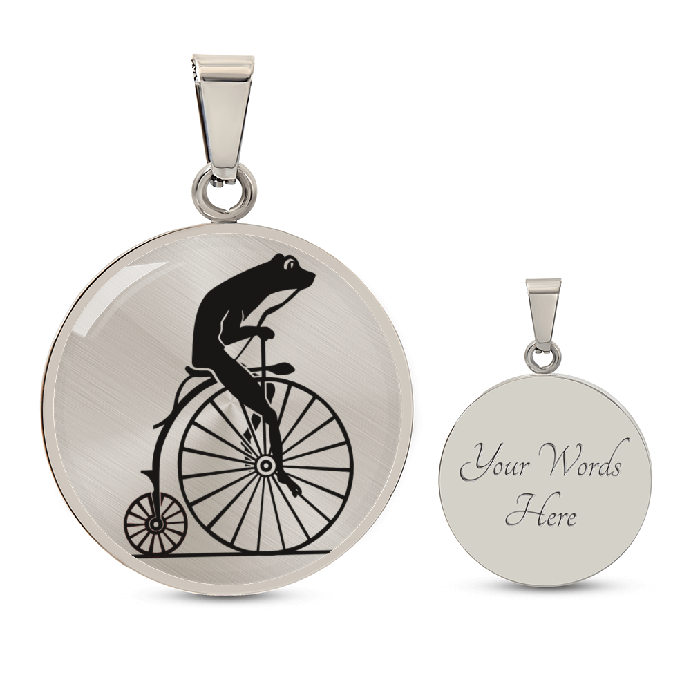 Vintage Frog on Penny Farthing Necklace - Custom Engraved Circle Pendant in Silver or Gold ShineOn Fulfillment
