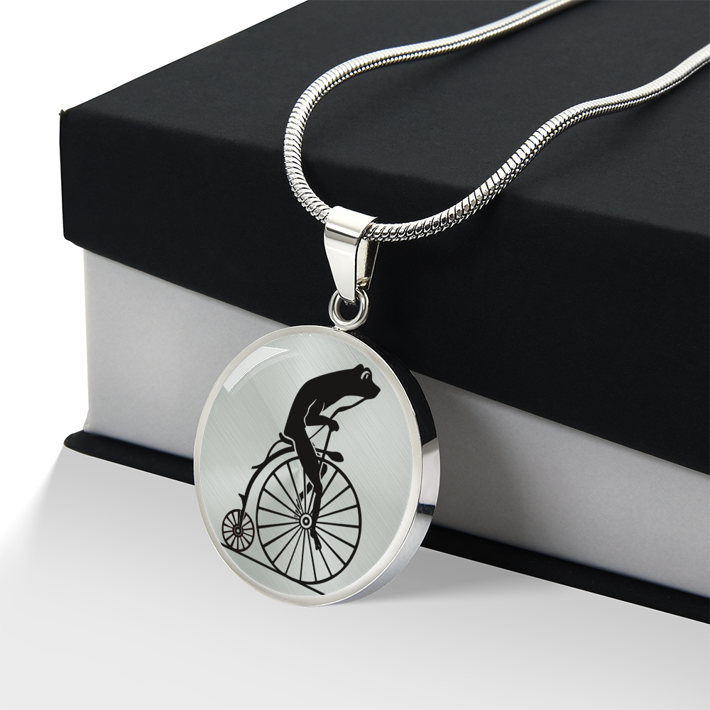 Vintage Frog on Penny Farthing Necklace - Custom Engraved Circle Pendant in Silver or Gold ShineOn Fulfillment