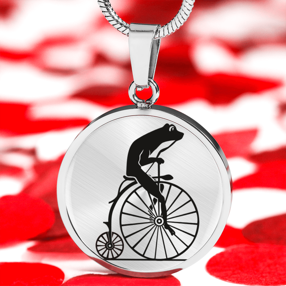 Vintage Frog on Penny Farthing Necklace - Custom Engraved Circle Pendant in Silver or Gold ShineOn Fulfillment